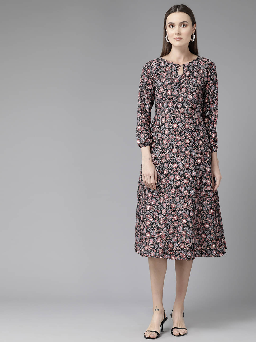 Aarika Women Silk Printed A-line Dress ( Black ) Aarika Women Silk Printed A-line Dress ( Black )