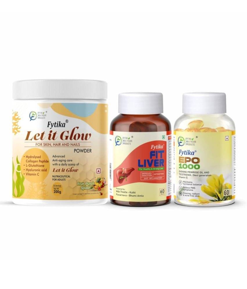 Fytika Let it Glow Fruit Punch, Collagen Powder-200G + Fytika Fit Liver (Liver Detox Supplement)-60 Tabs + Fytika EPO 1000 Evening Primrose Oil-60 Softgel Fytika Let it Glow Fruit Punch, Collagen Powder-200G + Fytika Fit Liver (Liver Detox Supplement)-60 Tabs + Fytika EPO 1000 Evening Primrose Oil-60 Softgel