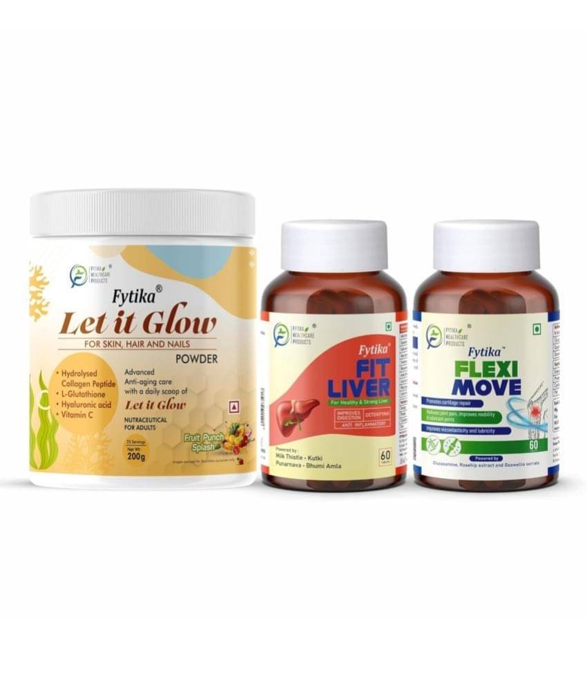 Fytika Let it Glow Fruit Punch, Collagen Powder-200G + Fytika Fit Liver (Liver Detox Supplement)-60 Tabs + Fytika Flexi Move| Glucosamine, Rosehip Powder extract-60 Tabs Fytika Let it Glow Fruit Punch, Collagen Powder-200G + Fytika Fit Liver (Liver Detox Supplement)-60 Tabs + Fytika Flexi Move| Glucosamine, Rosehip Powder extract-60 Tabs