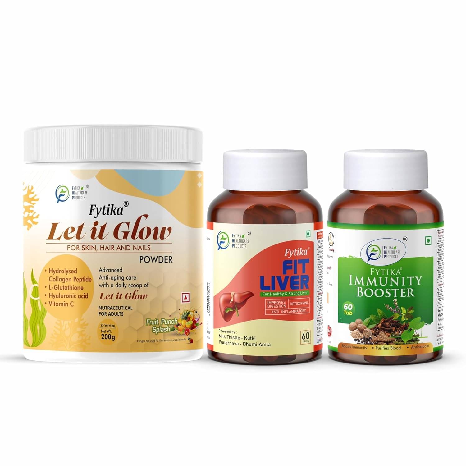 Fytika Let it Glow Fruit Punch, Collagen Powder-200G + Fytika Fit Liver (Liver Detox Supplement)-60 Tabs + Fytika Immunity Booster (Immune system support)-60 Tabs Fytika Let it Glow Fruit Punch, Collagen Powder-200G + Fytika Fit Liver (Liver Detox Supplement)-60 Tabs + Fytika Immunity Booster (Immune system support)-60 Tabs