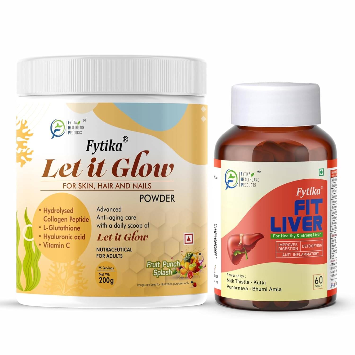 Fytika Let it Glow Fruit Punch, Collagen Powder-200G + Fytika Fit Liver (Liver Detox Supplement)-60 Tabs Fytika Let it Glow Fruit Punch, Collagen Powder-200G + Fytika Fit Liver (Liver Detox Supplement)-60 Tabs