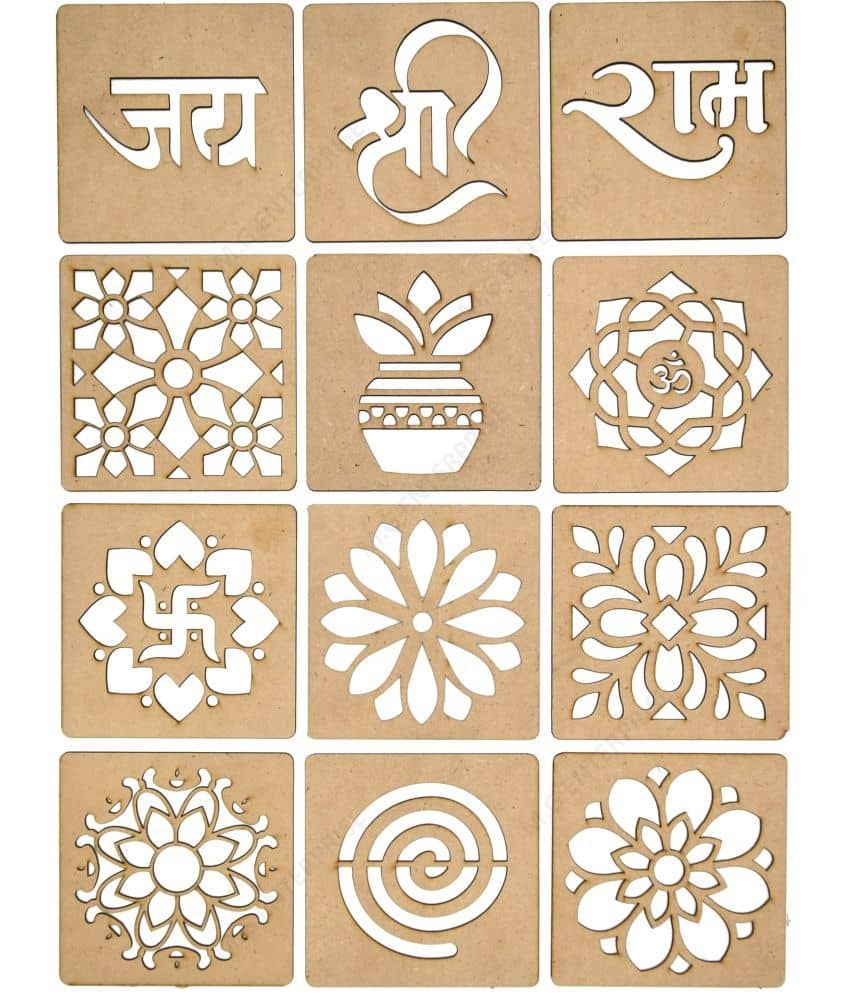 M G Enterprise DIY MDF Wood Organic Rangoli Stencils For Floor and Wall R-1 Set of 12 pc (4 in x 4 in)