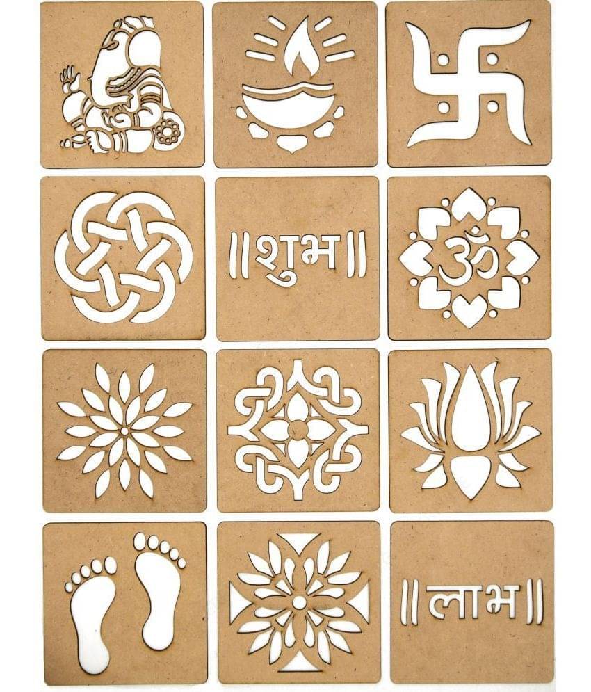M G Enterprise DIY MDF Wood Organic Rangoli Stencils For Floor and Wall G-1 Set of 12 pc (4 in x 4 in) M G Enterprise DIY MDF Wood Organic Rangoli Stencils For Floor and Wall G-1 Set of 12 pc (4 in x 4 in)