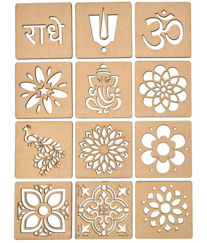 M G Enterprise DIY MDF Rangoli Stencils For Floor and Wall PLS-B-12 Set of 12 pc (4 in x 4 in)
