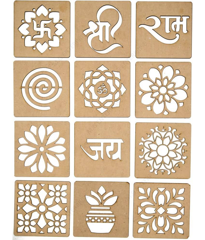 M G Enterprise DIY MDF Wood Organic Rangoli Stencils For Floor and Wall R-1 Set of 12 pc (4 in x 4 in)