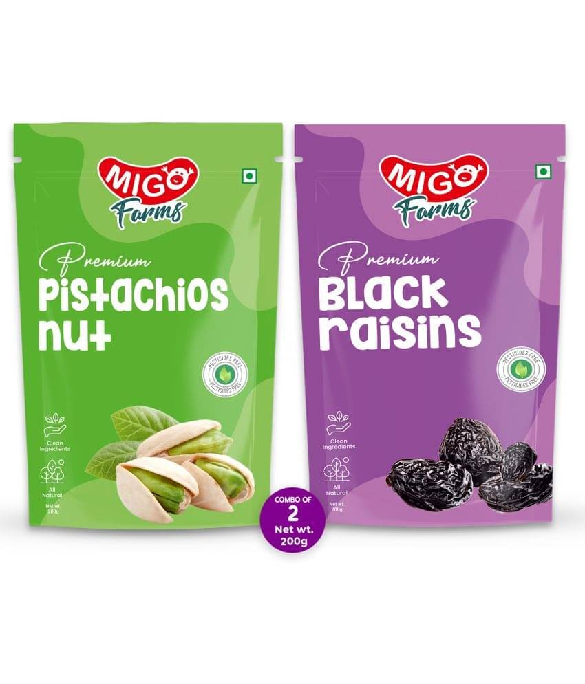 Migo Farms Healthy Premium Dry Fruits & Nuts Combo of Roasted Pistachios, Black Raisins (2 x 200 g) Migo Farms Healthy Premium Dry Fruits & Nuts Combo of Roasted Pistachios, Black Raisins (2 x 200 g)