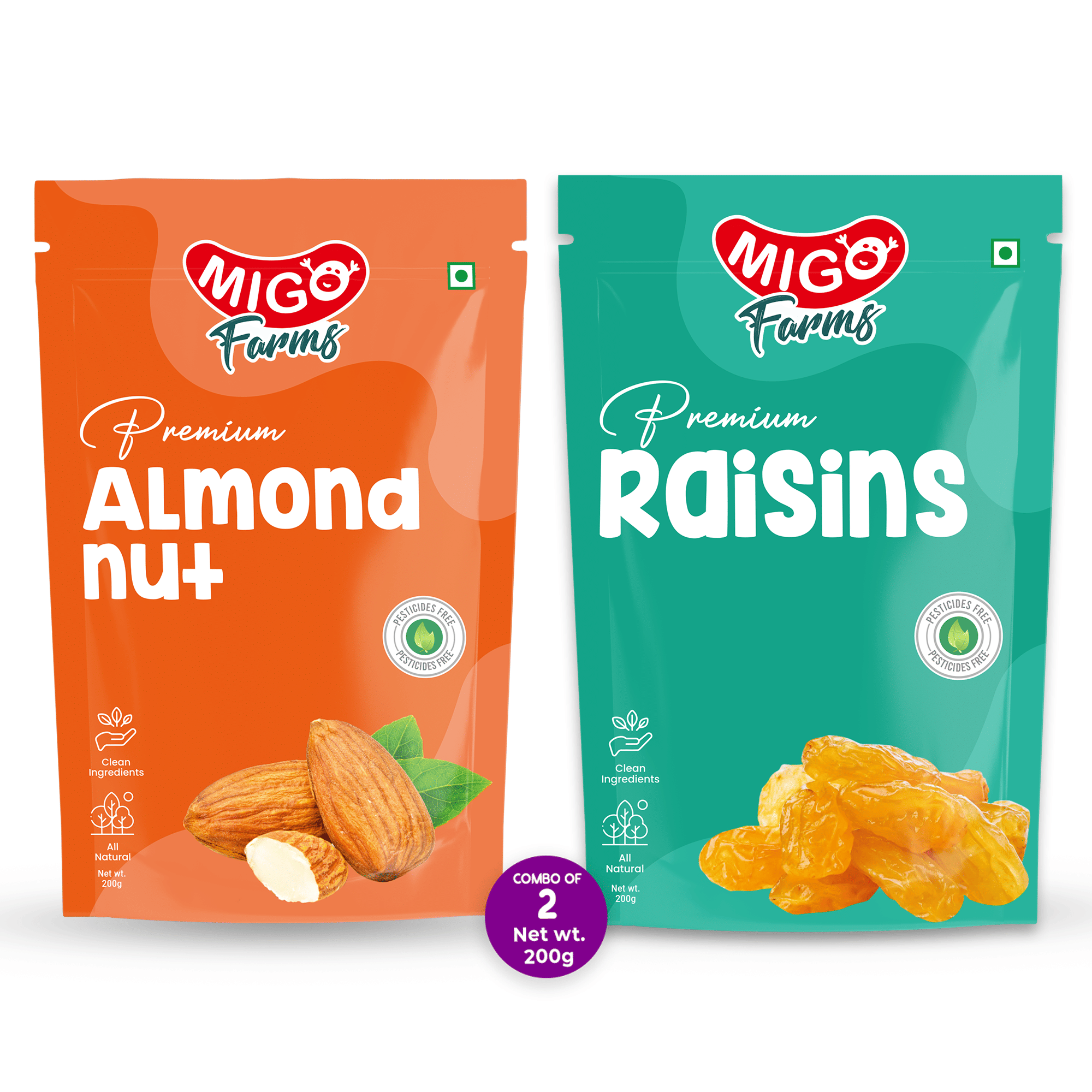     			Migo Farms Healthy Premium Dry Fruits & Nuts Combo of Almonds, Seedless Raisins (2 x 200 g)