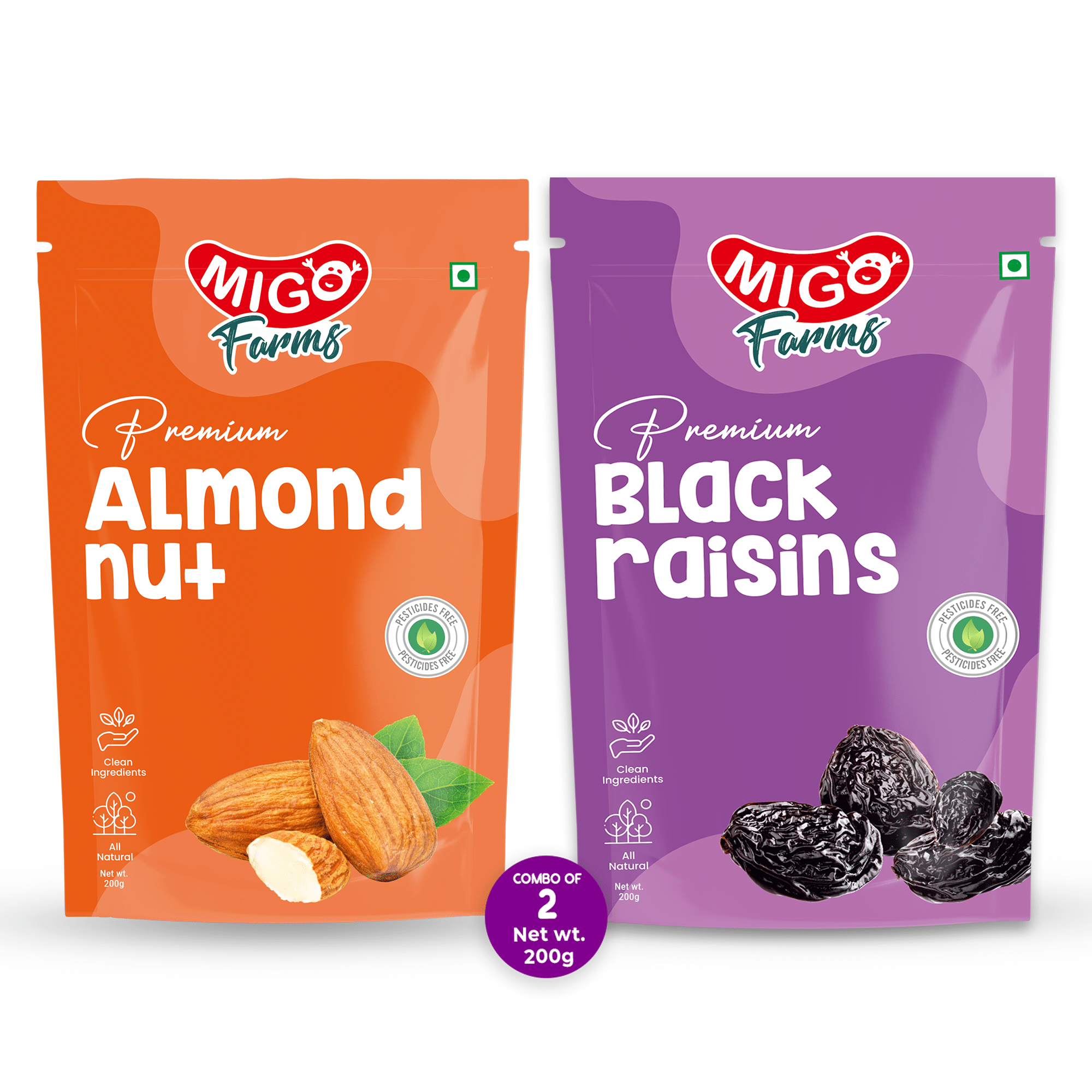     			Migo Farms Pack of 2 Healthy Premium Dry Fruits & Nuts Almonds, Raisins (2 x 200 g)