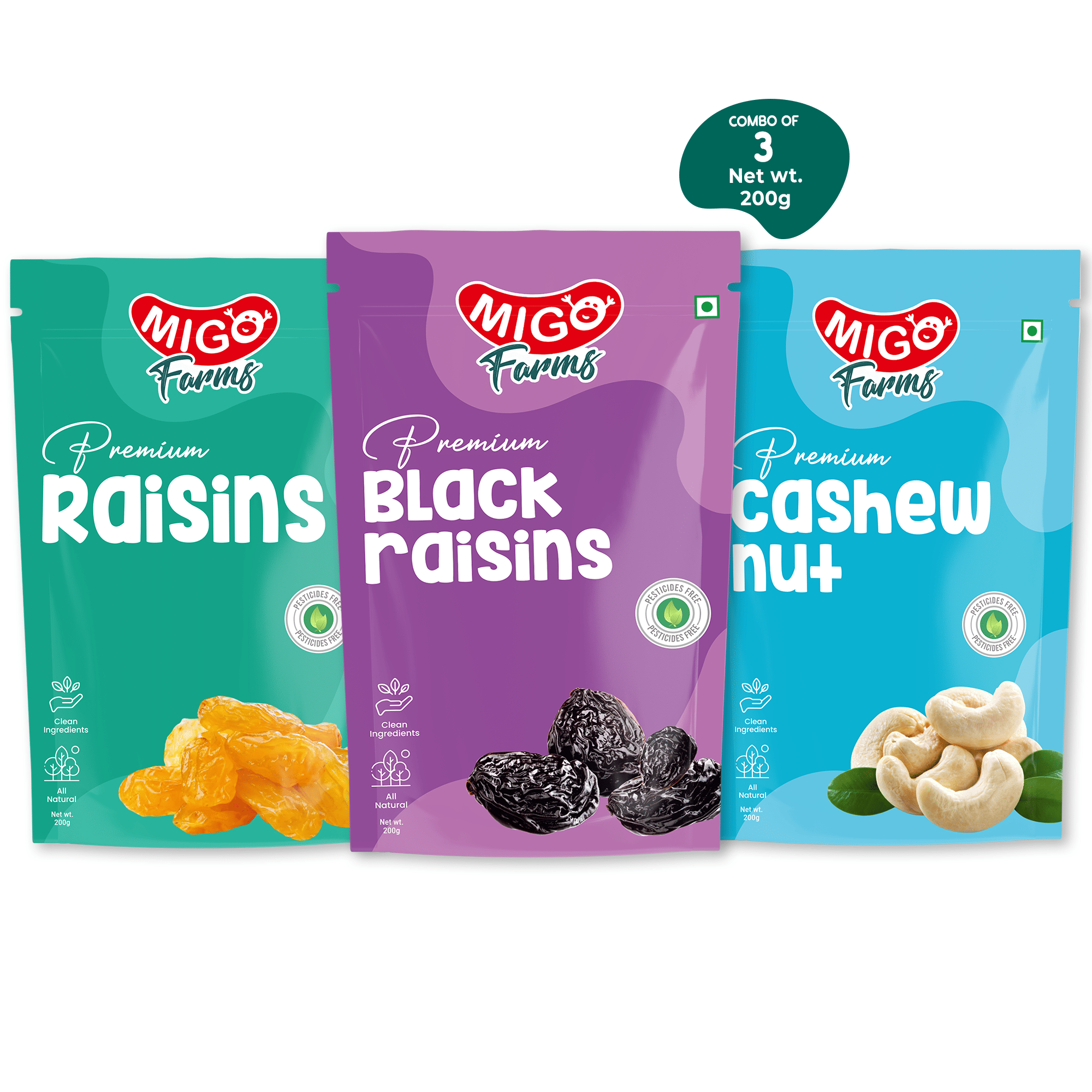 Migo Farms Pack of 3 Healthy Premium Dry Fruits & Nuts Black Raisins, Raisins, Cashew (3 x 200 g) Migo Farms Pack of 3 Healthy Premium Dry Fruits & Nuts Black Raisins, Raisins, Cashew (3 x 200 g)