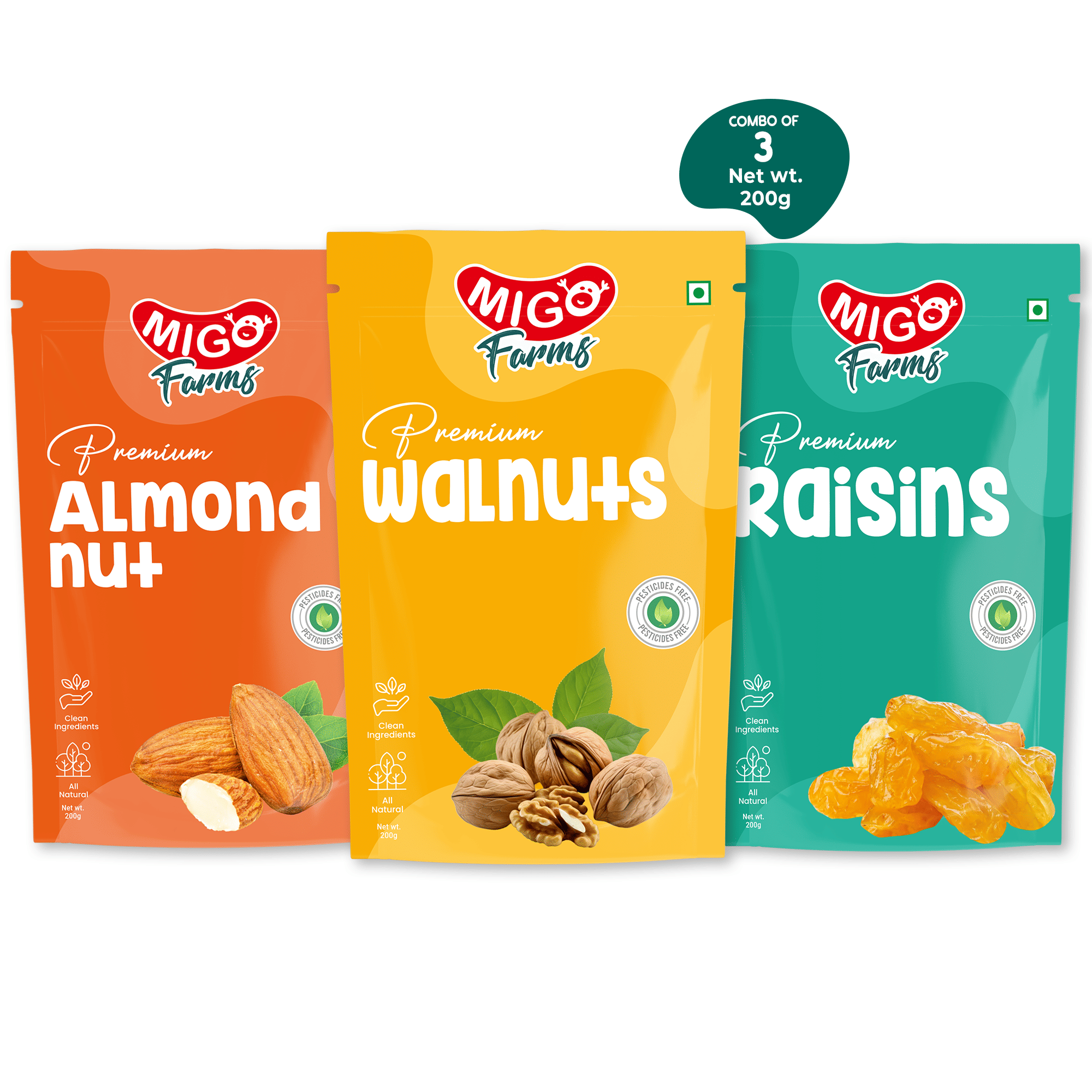     			Migo Farms Pack of 3 Premium Healthy Dry Fruits & Nuts Almonds, Walnuts, Raisins (3 x 200 g)