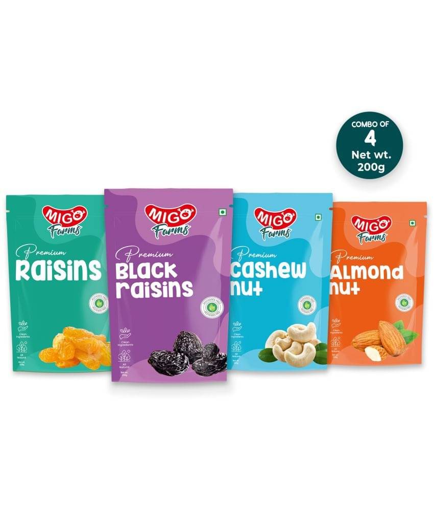 Migo Farms Pack of 4 Healthy Premium Dry Fruits Nuts Raisins,Black Raisins,Cashews,Almonds (4x200 g) Migo Farms Pack of 4 Healthy Premium Dry Fruits Nuts Raisins,Black Raisins,Cashews,Almonds (4x200 g)