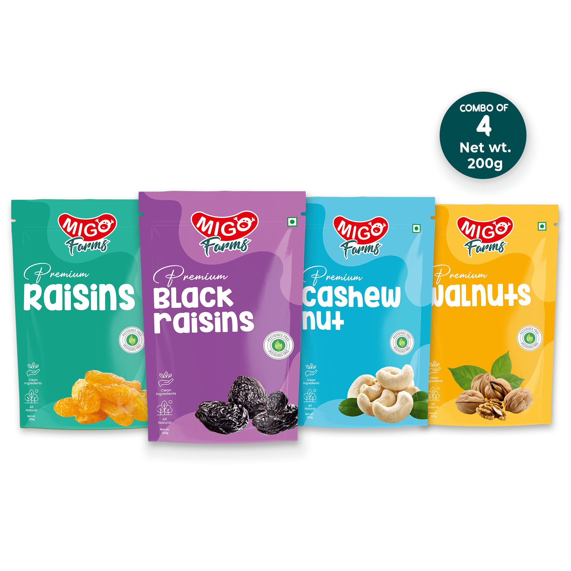 Migo Farms Pack of 4 Healthy Premium Dry Fruits Nuts Raisins,Black Raisins,Cashews,Walnuts (4x200 g) Migo Farms Pack of 4 Healthy Premium Dry Fruits Nuts Raisins,Black Raisins,Cashews,Walnuts (4x200 g)