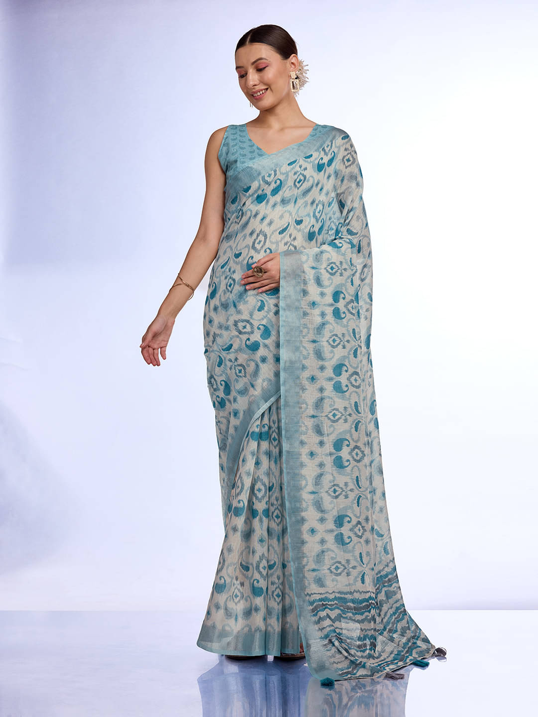     			Rekha Maniyar Linen Printed Saree With Unstitched Blouse Piece ( Teal )