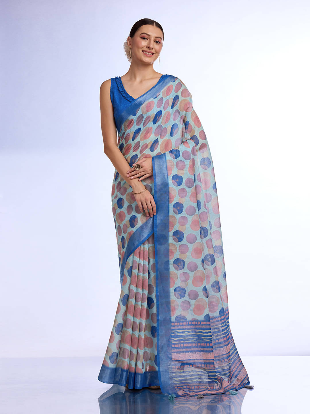 Rekha Maniyar Linen Printed Saree With Unstitched Blouse Piece ( Blue ) Rekha Maniyar Linen Printed Saree With Unstitched Blouse Piece ( Blue )