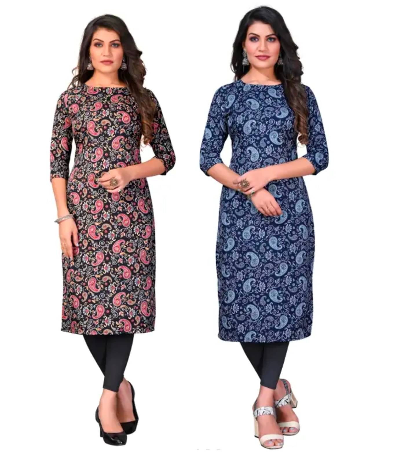 VACHHARAJ GROUP Crepe Printed A-line Women's Kurti - Black,Blue ( Pack of 2 ) VACHHARAJ GROUP Crepe Printed A-line Women's Kurti - Black,Blue ( Pack of 2 )