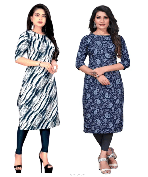 VACHHARJ GROUP Crepe Printed A-line Women's Kurti - Blue,Blue & Black ( Pack of 2 ) VACHHARJ GROUP Crepe Printed A-line Women's Kurti - Blue,Blue & Black ( Pack of 2 )