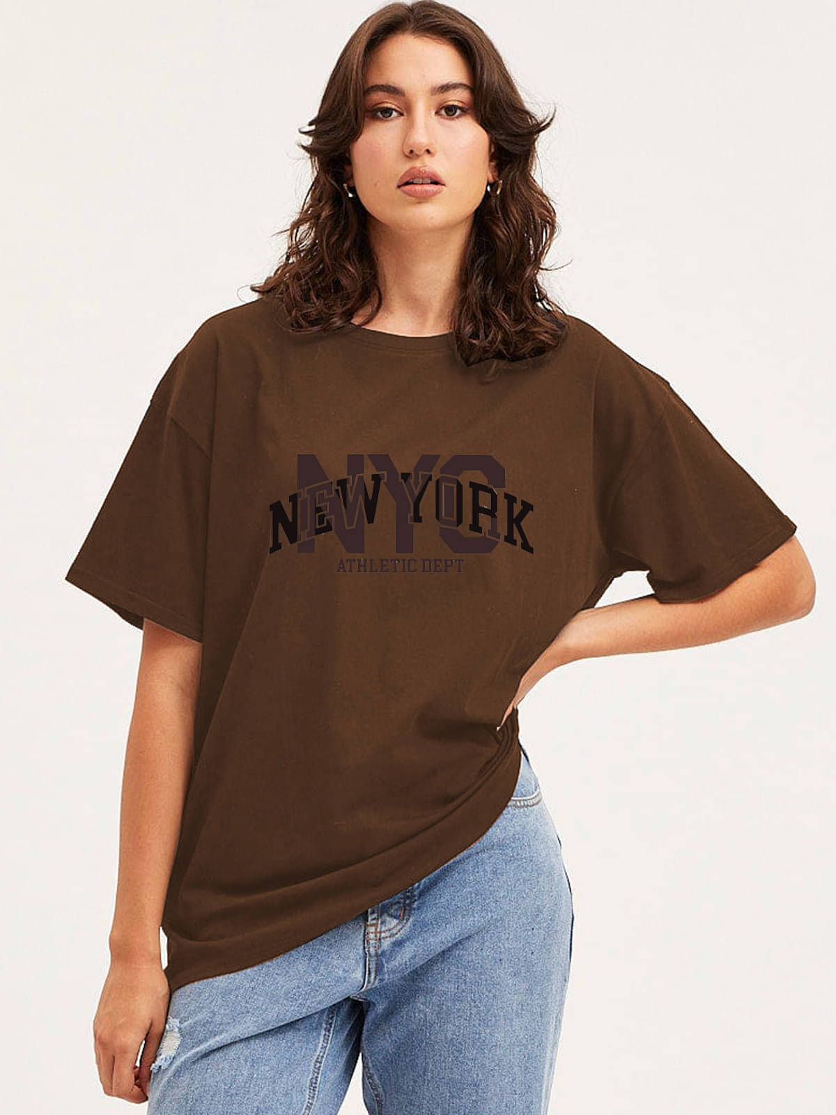 VIOUR Women Cotton Blend Printed Oversized Fit Round Neck T-Shirt ( Brown ) VIOUR Women Cotton Blend Printed Oversized Fit Round Neck T-Shirt ( Brown )
