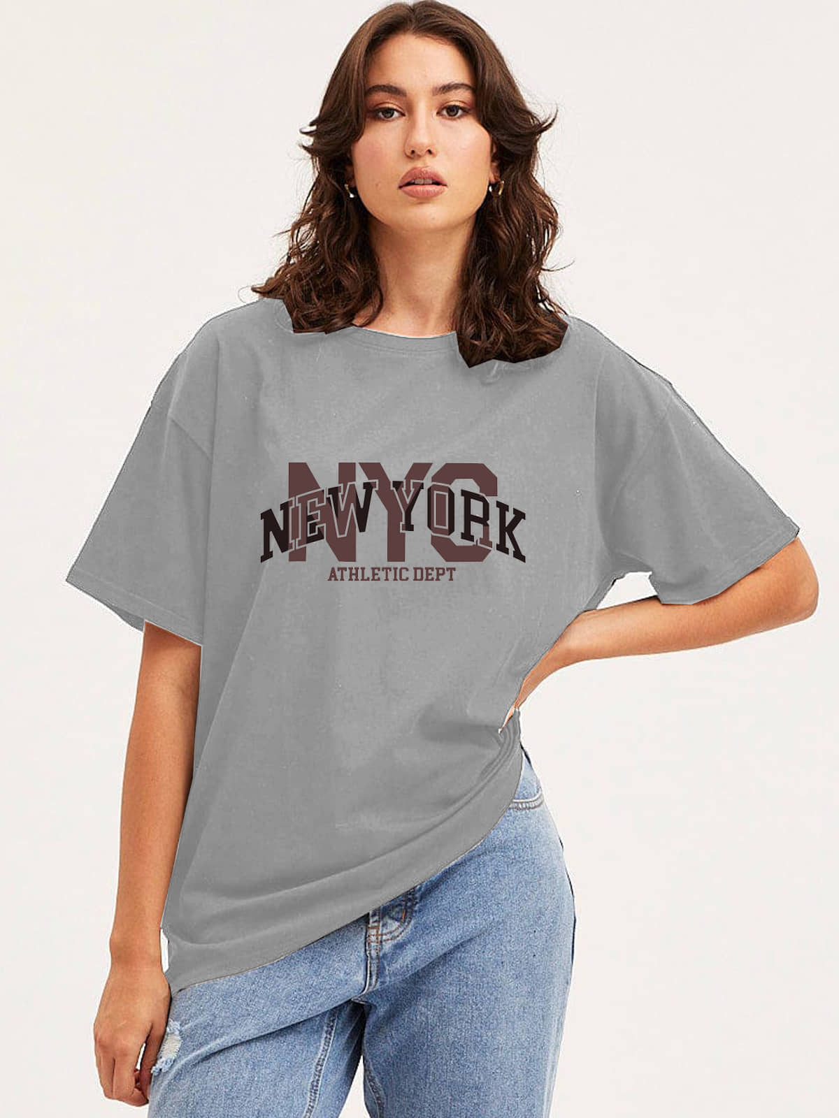 VIOUR Women Cotton Blend Printed Oversized Fit Round Neck T-Shirt ( Grey )