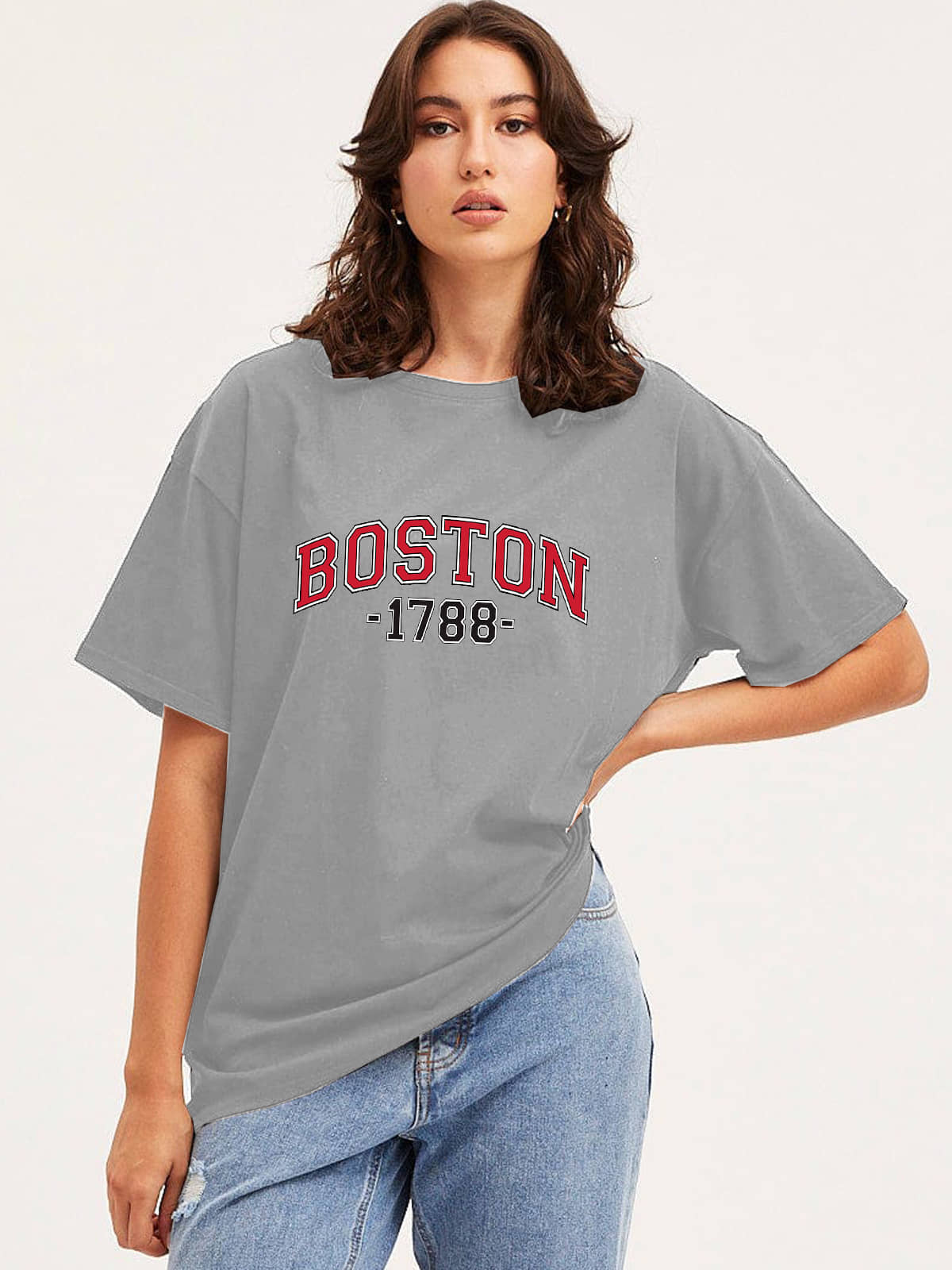 VIOUR Women Cotton Blend Printed Oversized Fit Round Neck T-Shirt ( Grey )