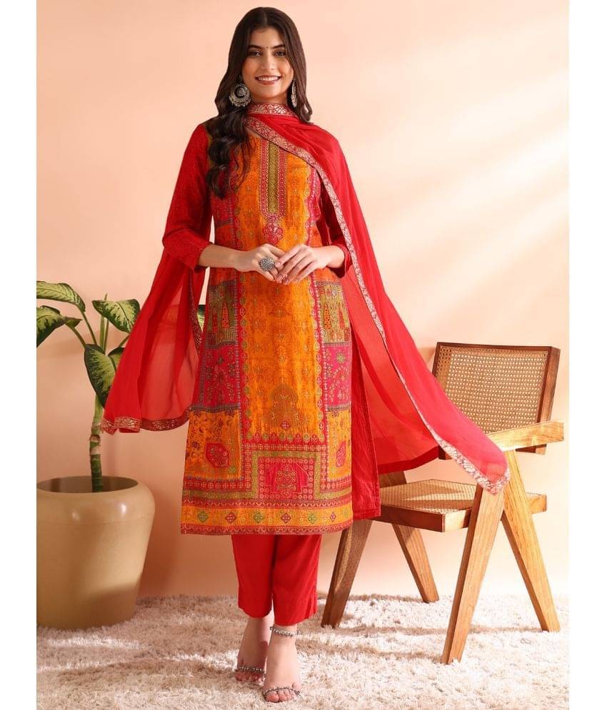Vaamsi Chanderi Embroidered Kurti With Pants Women's Stitched Salwar Suit - Red ( Pack of 1 ) Vaamsi Chanderi Embroidered Kurti With Pants Women's Stitched Salwar Suit - Red ( Pack of 1 )