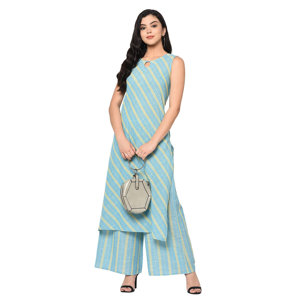     			Antaran Cotton Striped Kurti With Palazzo Women's Stitched Salwar Suit - Light Blue ( Pack of 1 )