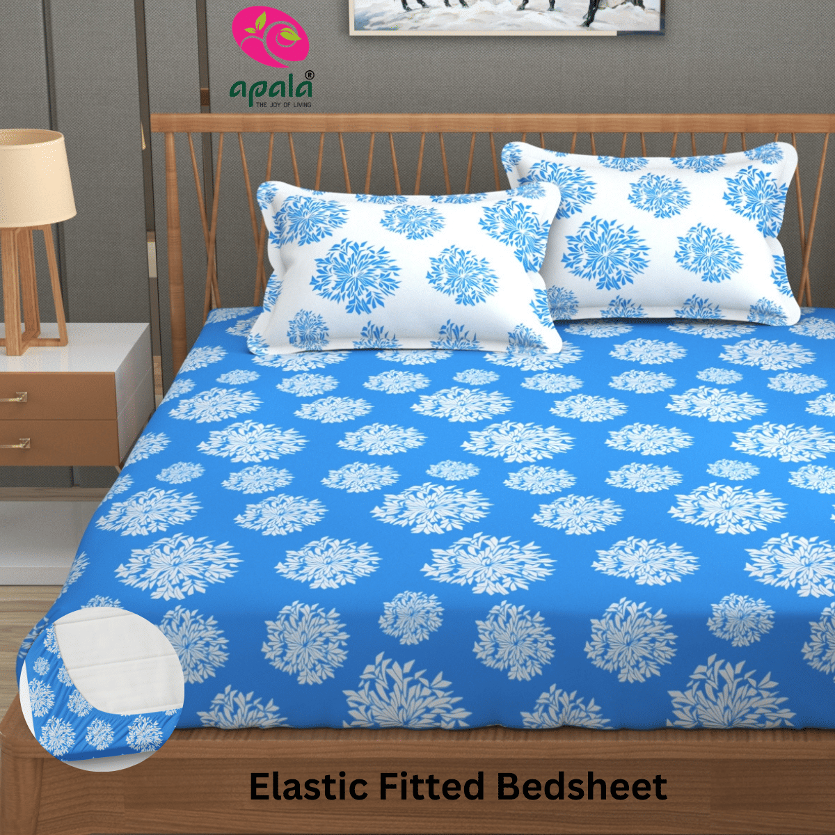 Apala Microfibre Abstract Fitted Fitted bedsheet with 2 Pillow Covers ( King Size ) - Light Blue