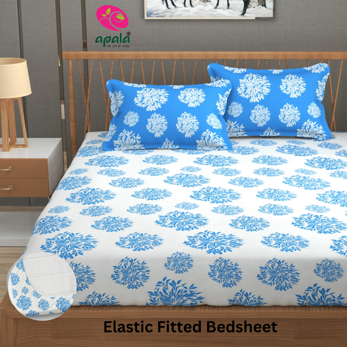 Apala Microfibre Abstract Fitted Fitted bedsheet with 2 Pillow Covers ( King Size ) - Sky Blue