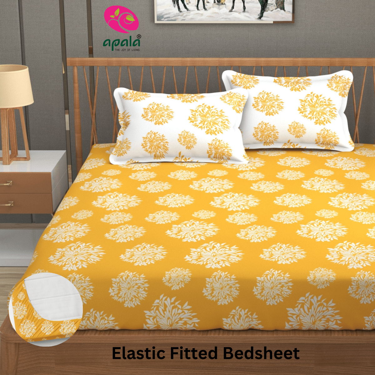     			Apala Microfibre Abstract Fitted Fitted bedsheet with 2 Pillow Covers ( King Size ) - Gold