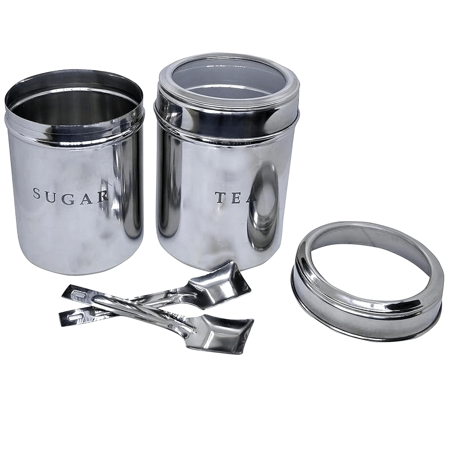     			Dynore T&S With spoons Steel Silver Tea/Coffee/Sugar Container ( Set of 2 )