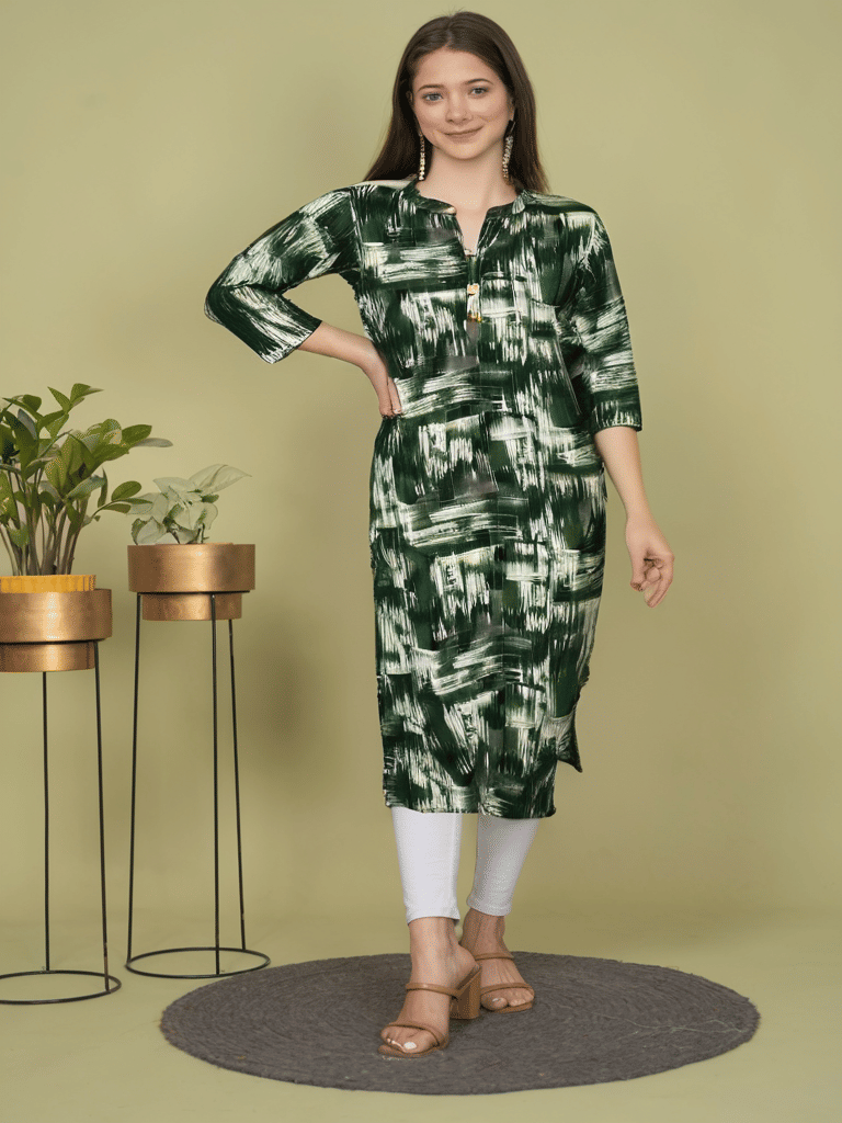 Estela Cotton Printed Straight Women's Kurti - Green ( Pack of 1 ) - Kurtis, Tunics | Buy online on ZillyBuy