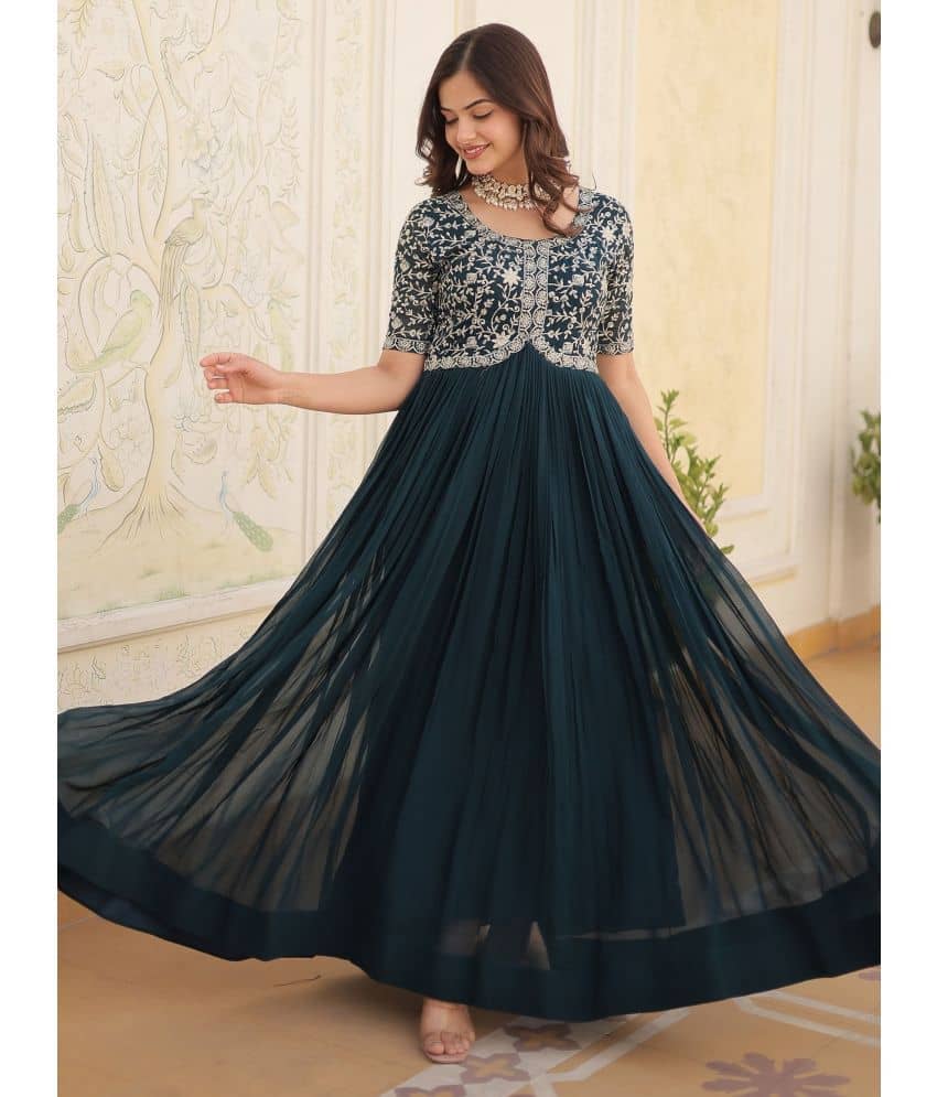 Estela Teal Flared Georgette Women's Stitched Ethnic Gown ( Pack of 1 ) - Unstitched Fabrics | Buy online on ZillyBuy
