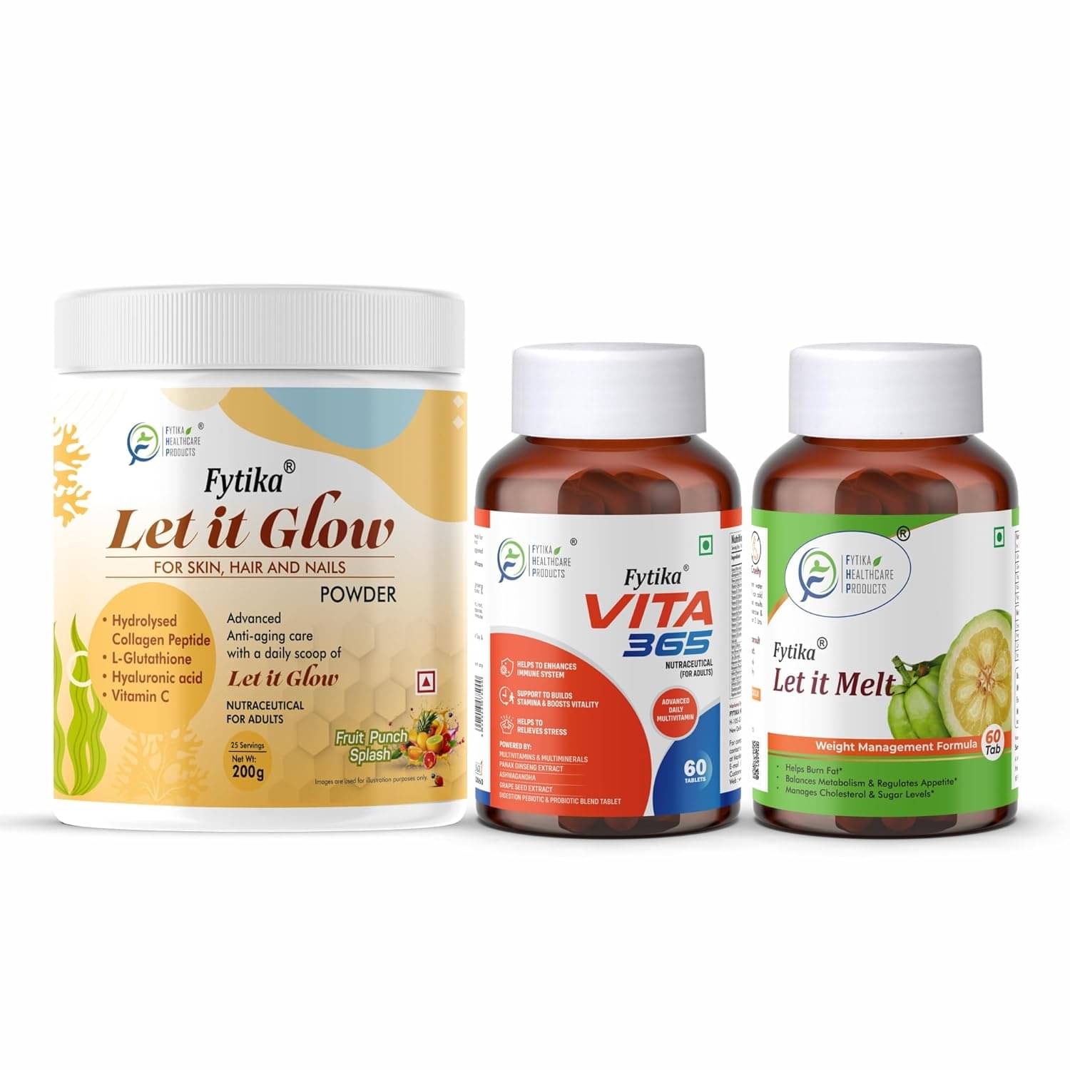 Fytika Let it Glow Fruit Punch, Collagen Powder-200G + Fytika Vita 365, 3 in 1 Multivitamin-60 Tabs + Fytika Let it melt with Garcinia Cambogia, Green coffee-60 Tabs Fytika Let it Glow Fruit Punch, Collagen Powder-200G + Fytika Vita 365, 3 in 1 Multivitamin-60 Tabs + Fytika Let it melt with Garcinia Cambogia, Green coffee-60 Tabs