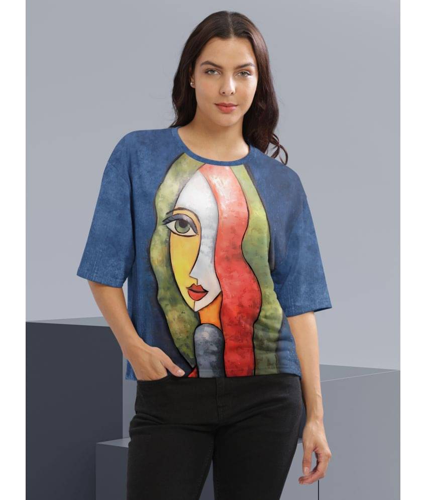     			HELLCAT Women Cotton Blend Printed Oversized Fit Round Neck T-Shirt ( Blue )
