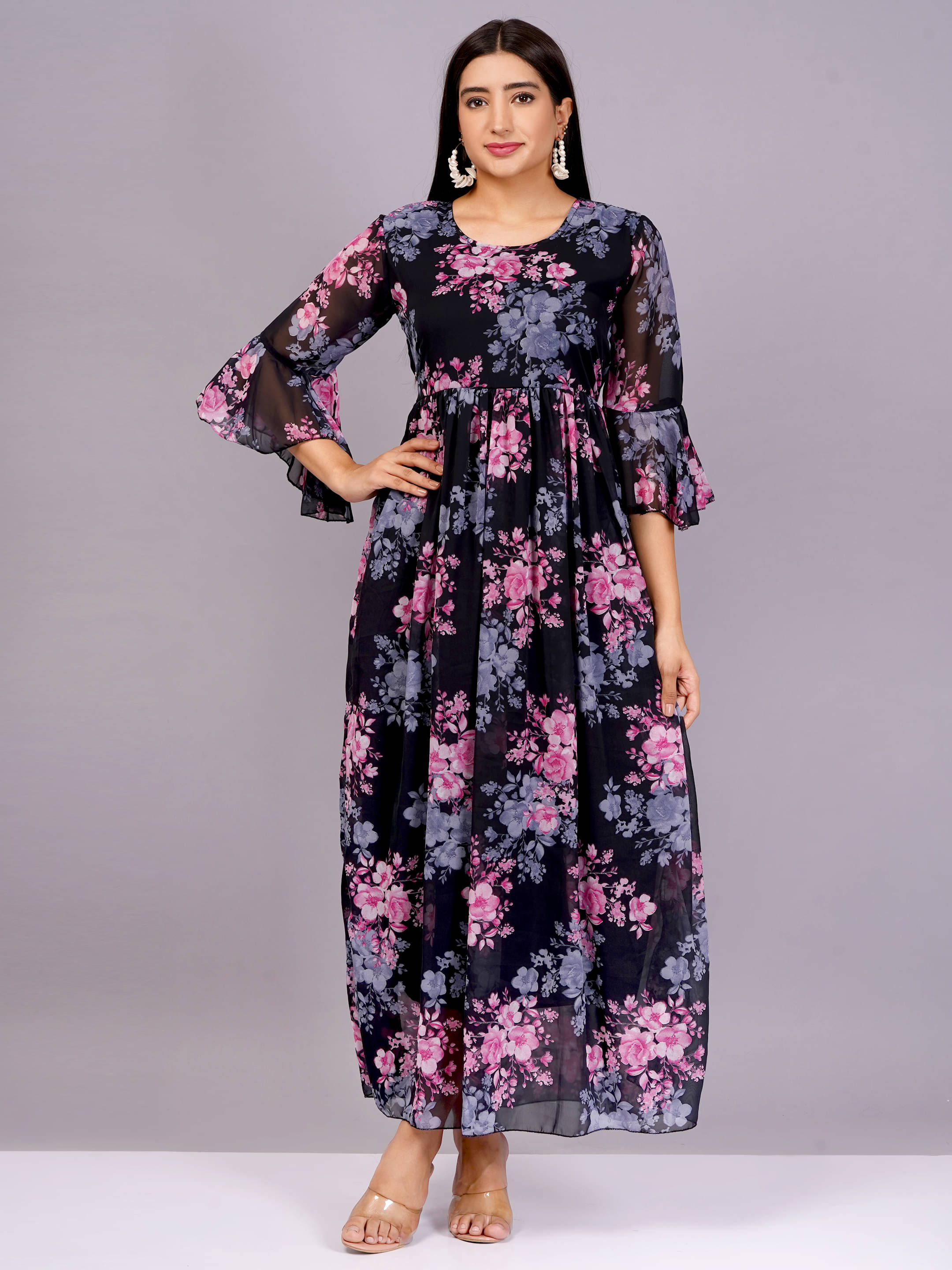 HIGHLIGHT FASHION EXPORT Women Georgette Printed Fit & Flare Dress ( Peach )     			HIGHLIGHT FASHION EXPORT Women Georgette Printed Fit & Flare Dress ( Peach )