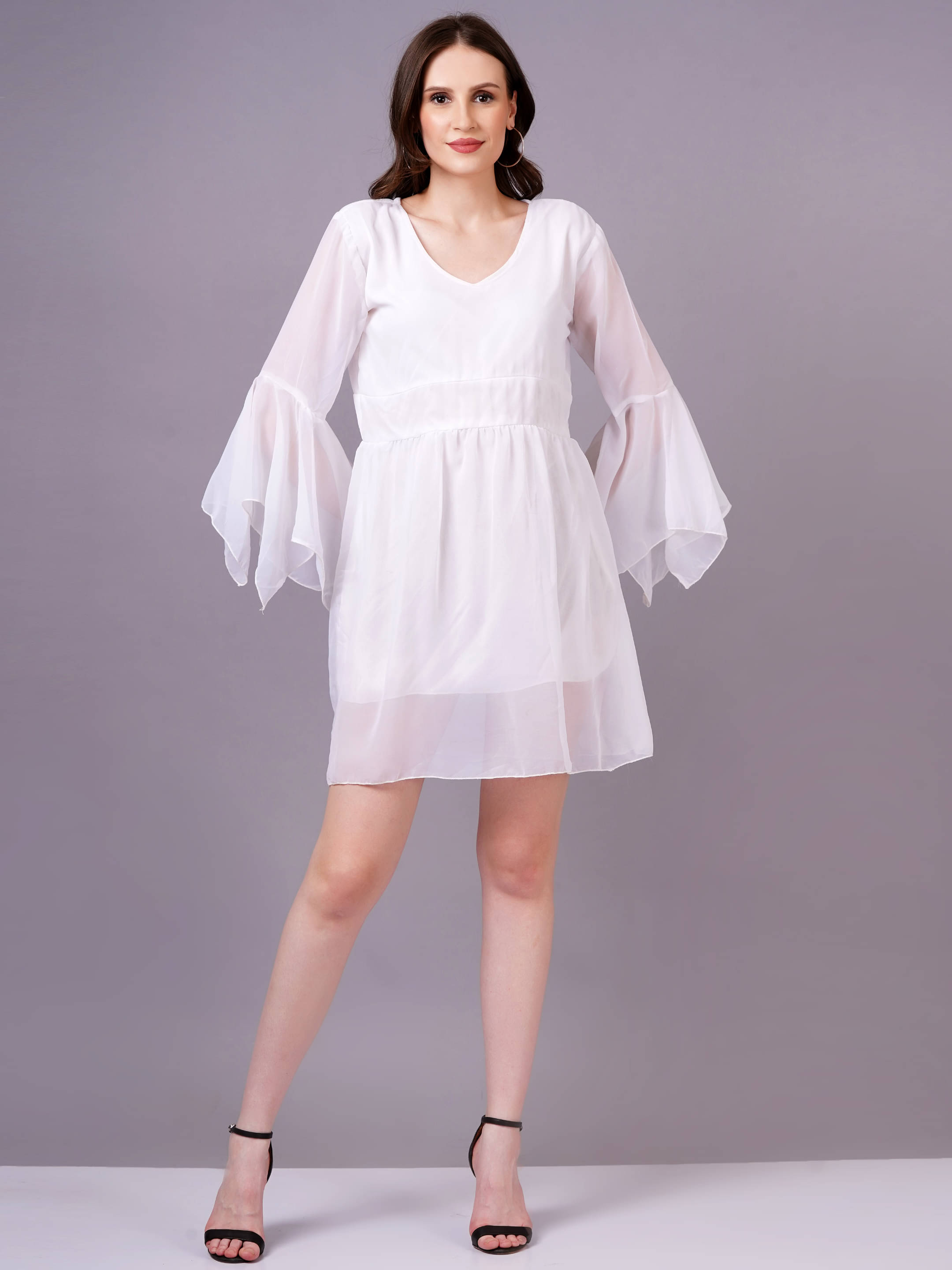     			HIGHLIGHT FASHION EXPORT Women Georgette Solid Fit & Flare Dress ( White )