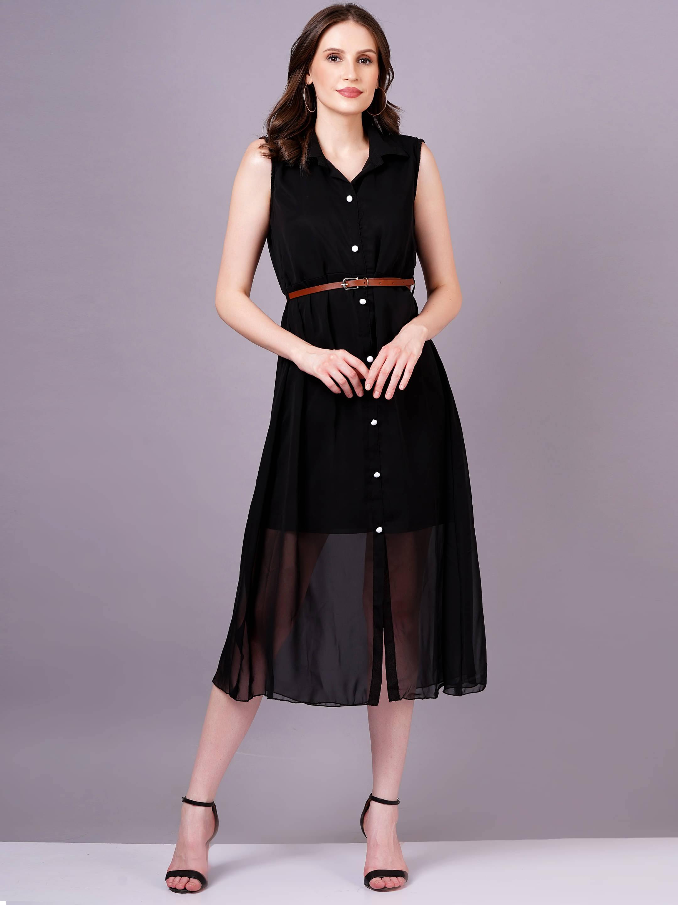     			HIGHLIGHT FASHION EXPORT Women Georgette Solid Shift Dress ( Black )