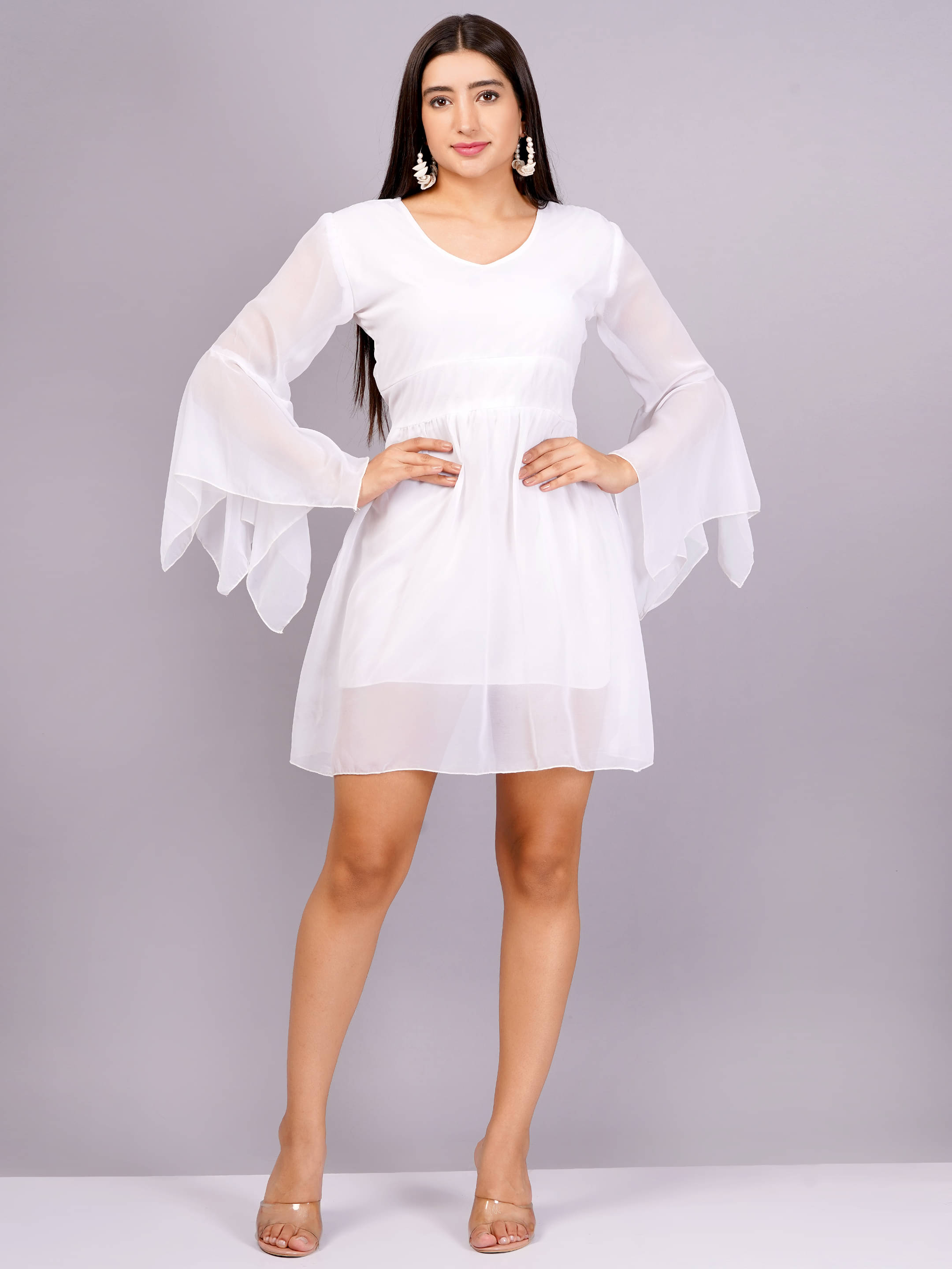     			HIGHLIGHT FASHION EXPORT Women Georgette Solid Fit & Flare Dress ( White )
