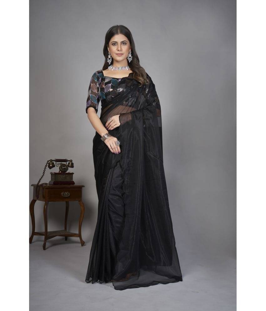     			JULEE Organza Solid Saree With Unstitched Blouse Piece ( Black )