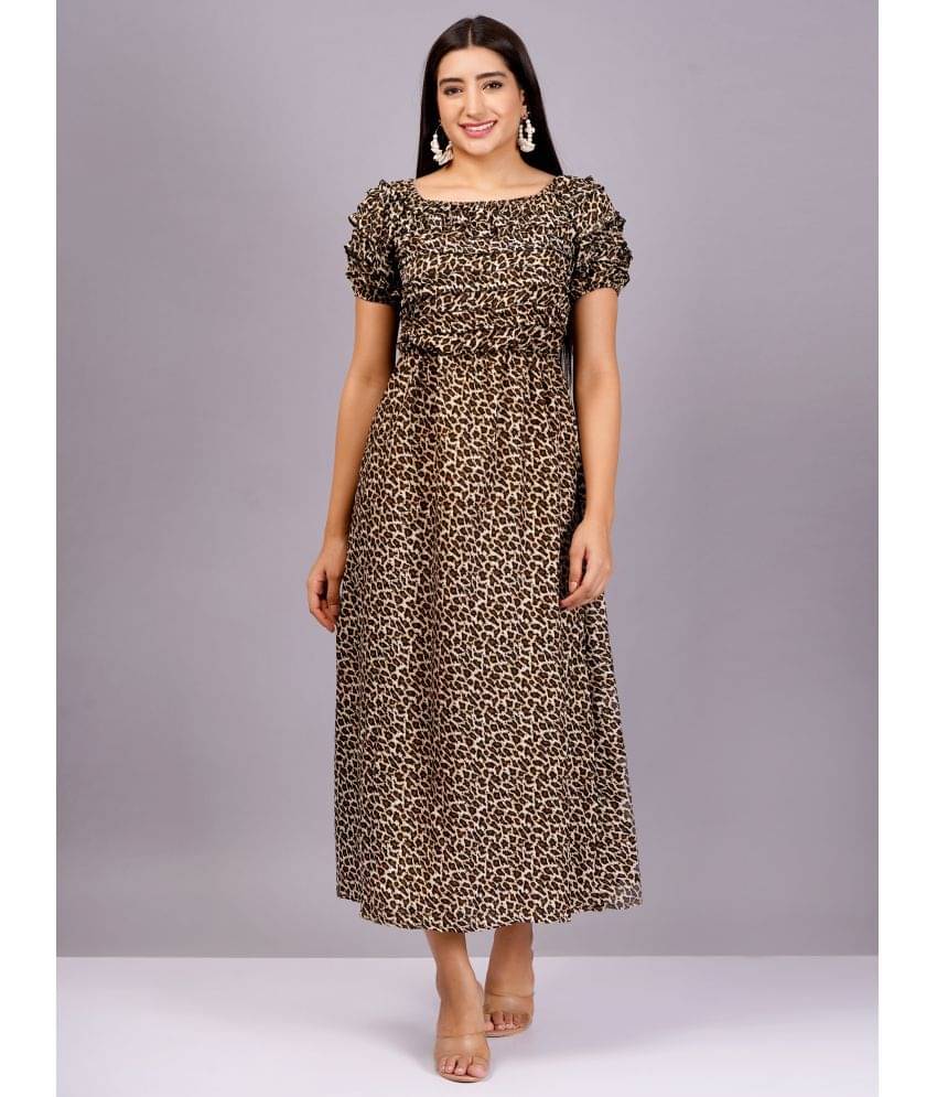 Jyoti Women Crepe Printed Fit & Flare Dress ( Brown ) Jyoti Women Crepe Printed Fit & Flare Dress ( Brown )