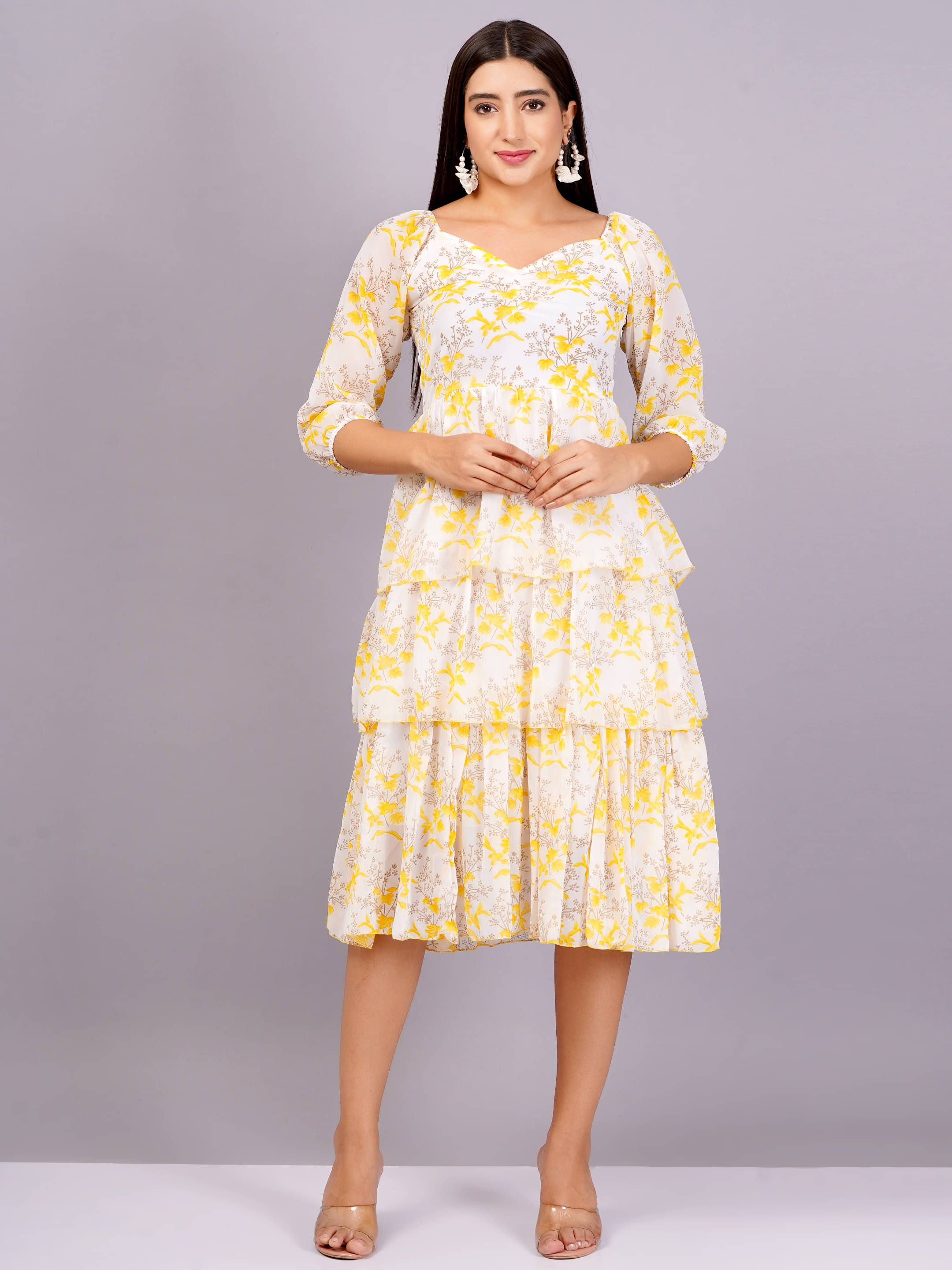 Jyoti Women Georgette Printed Fit & Flare Dress ( Yellow ) Jyoti Women Georgette Printed Fit & Flare Dress ( Yellow )