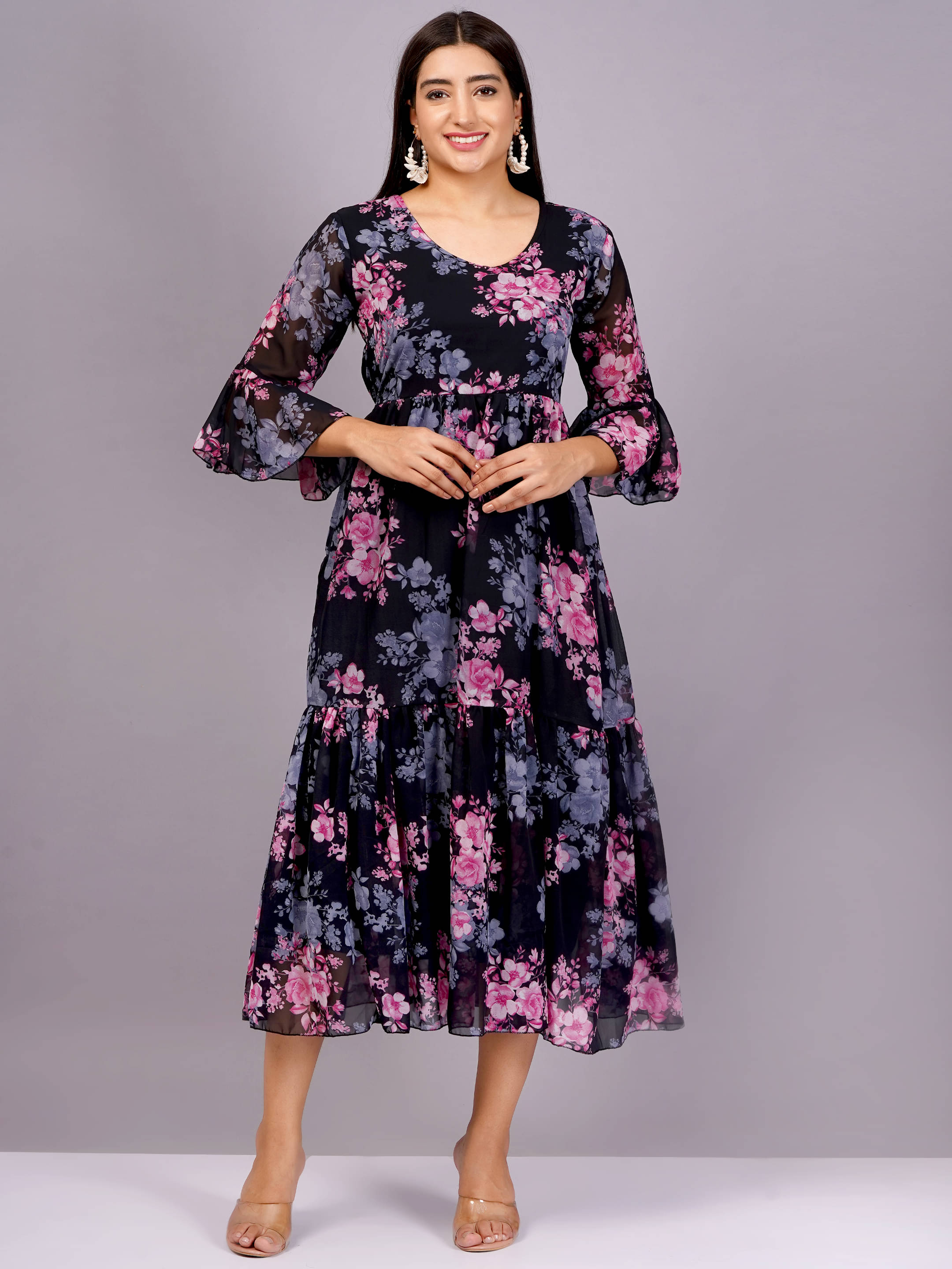     			Jyoti Women Georgette Printed Fit & Flare Dress ( Peach )