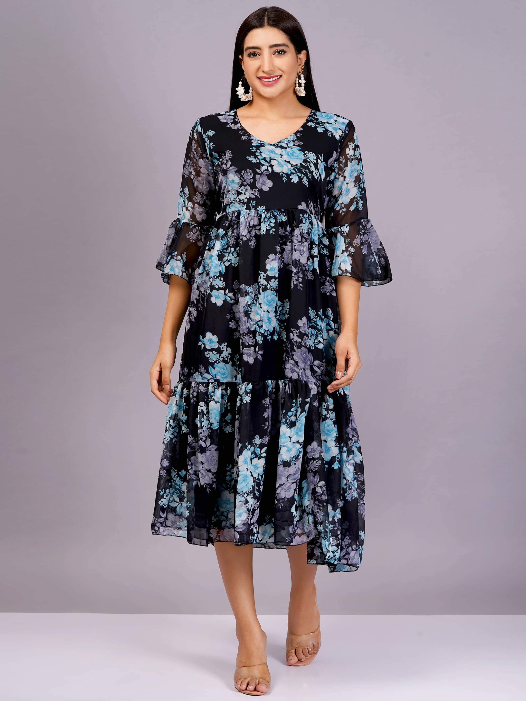 Jyoti Women Georgette Printed Fit & Flare Dress ( Light Blue ) Jyoti Women Georgette Printed Fit & Flare Dress ( Light Blue )