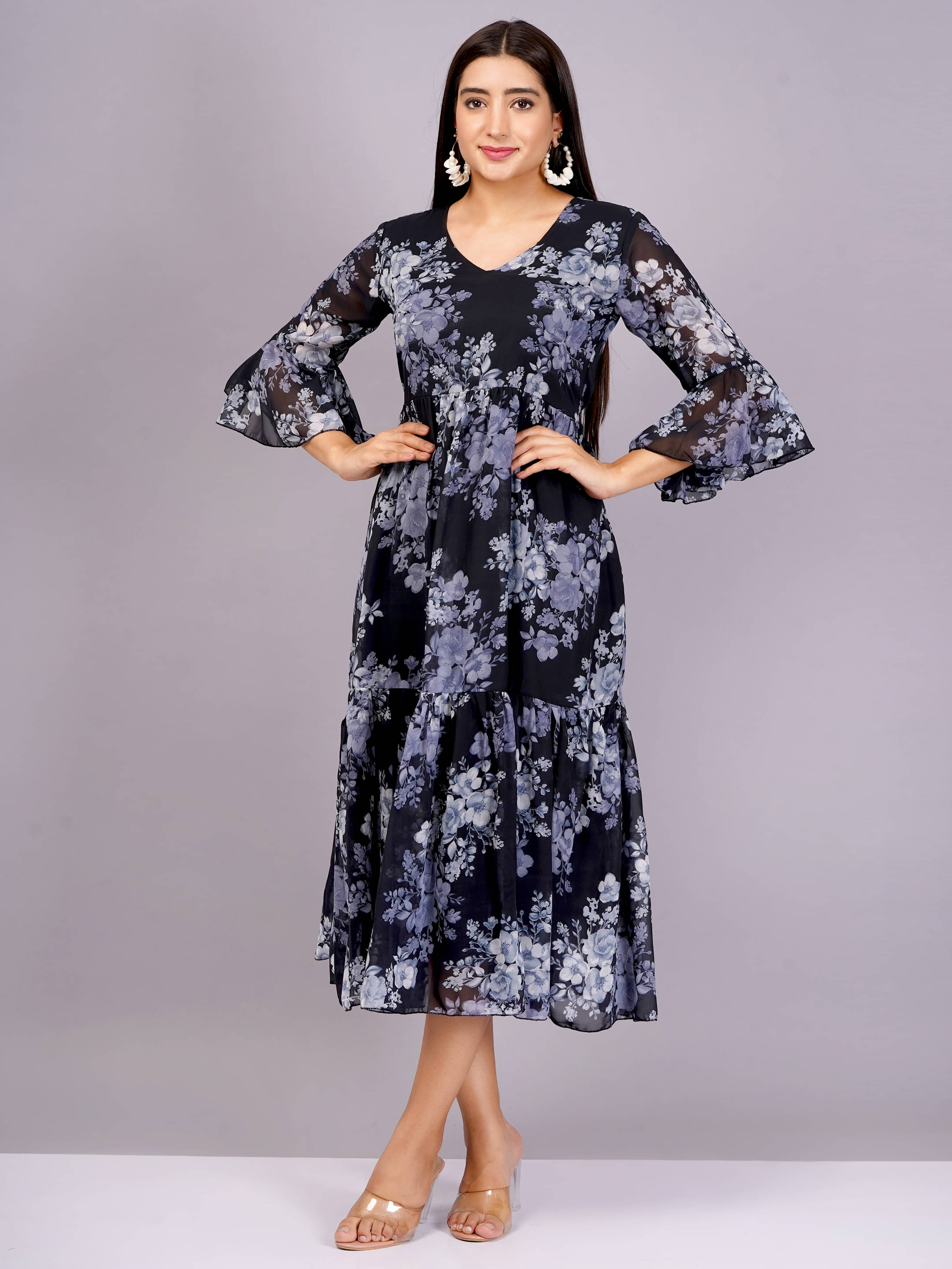     			Jyoti Women Georgette Printed Fit & Flare Dress ( White )