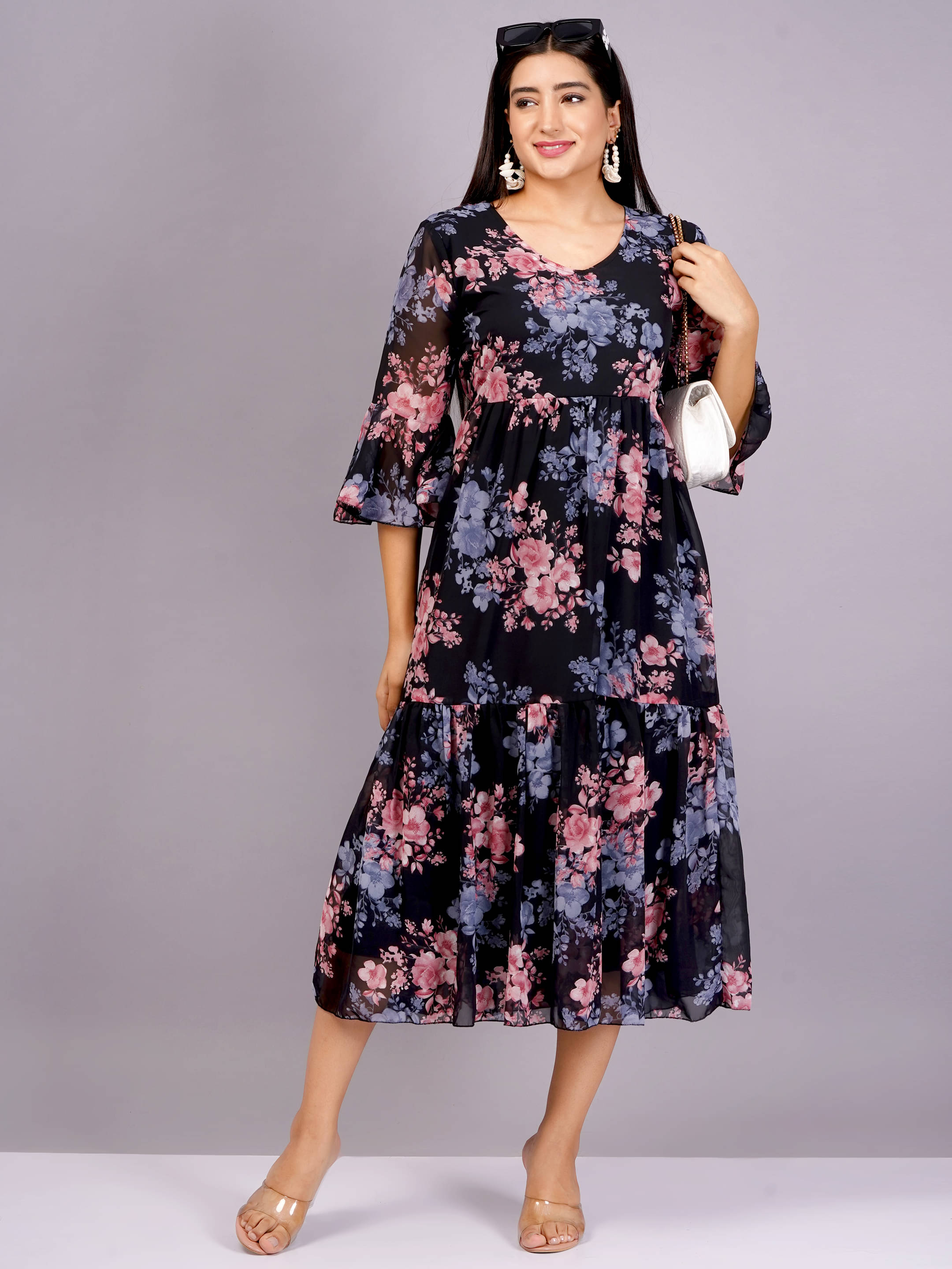     			Jyoti Women Georgette Printed Fit & Flare Dress ( Pink )