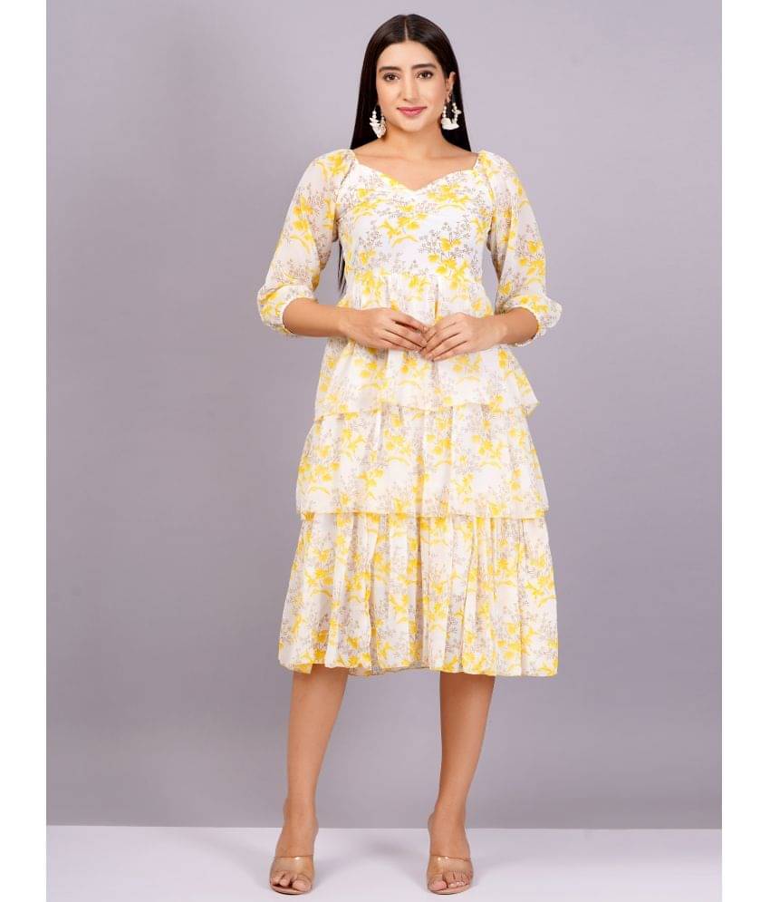     			Jyoti Women Georgette Printed Fit & Flare Dress ( Yellow )
