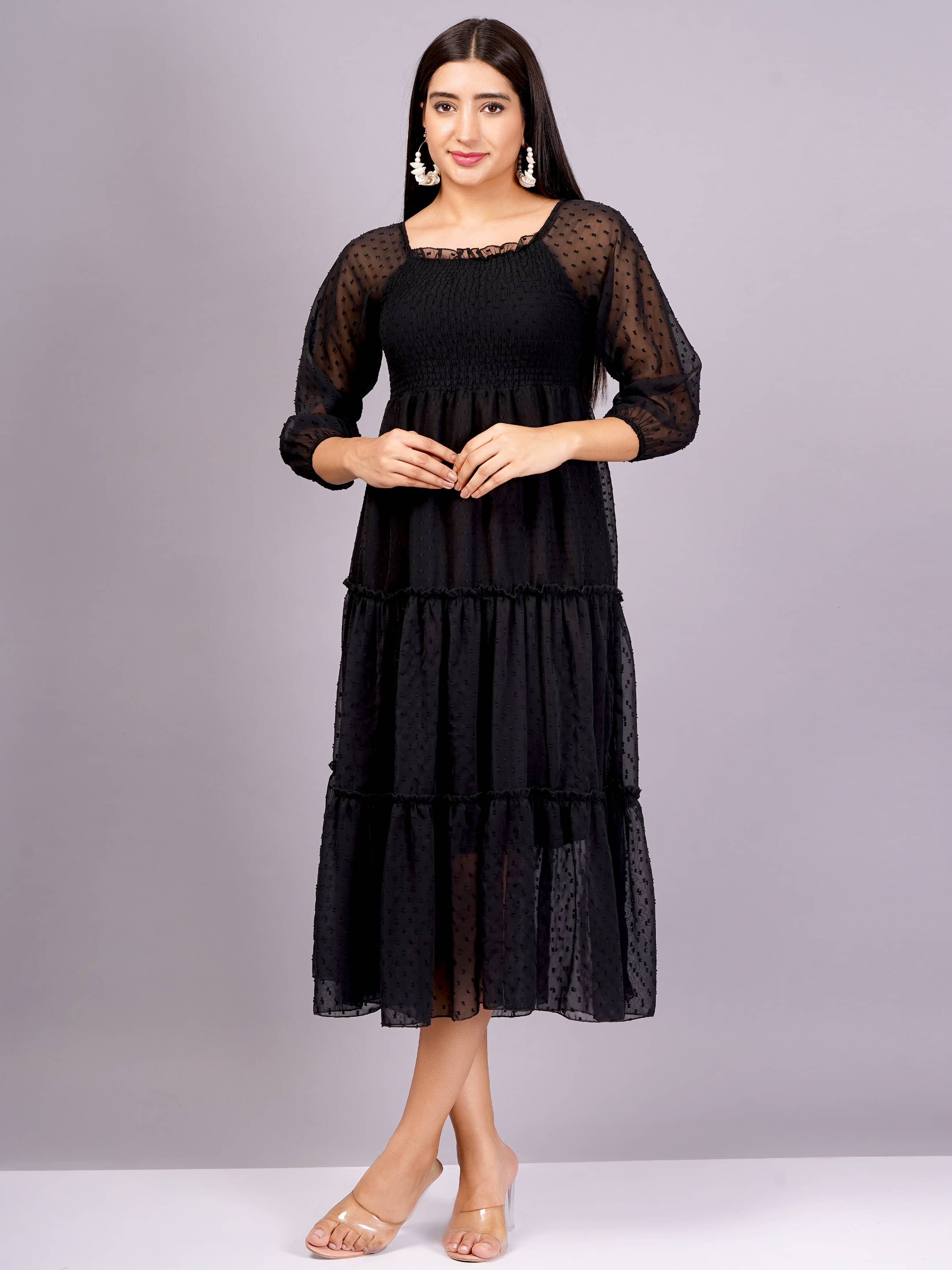 Jyoti Women Georgette Self Design Fit & Flare Dress ( Black ) Jyoti Women Georgette Self Design Fit & Flare Dress ( Black )
