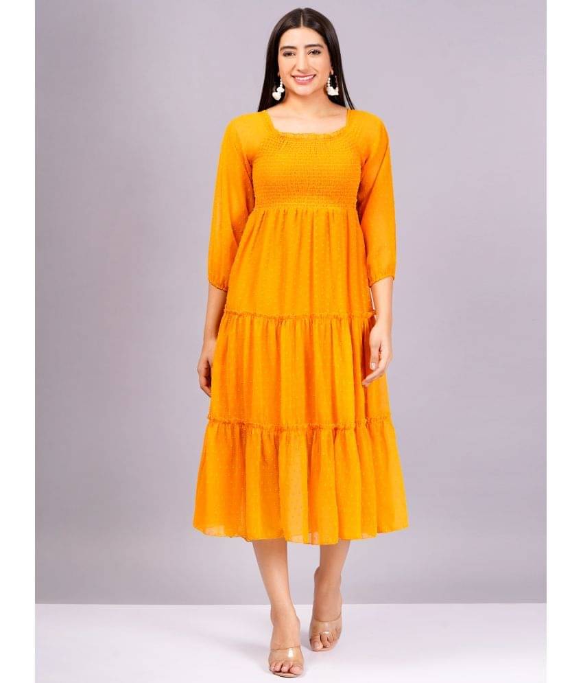    			Jyoti Women Georgette Self Design Fit & Flare Dress ( Orange )