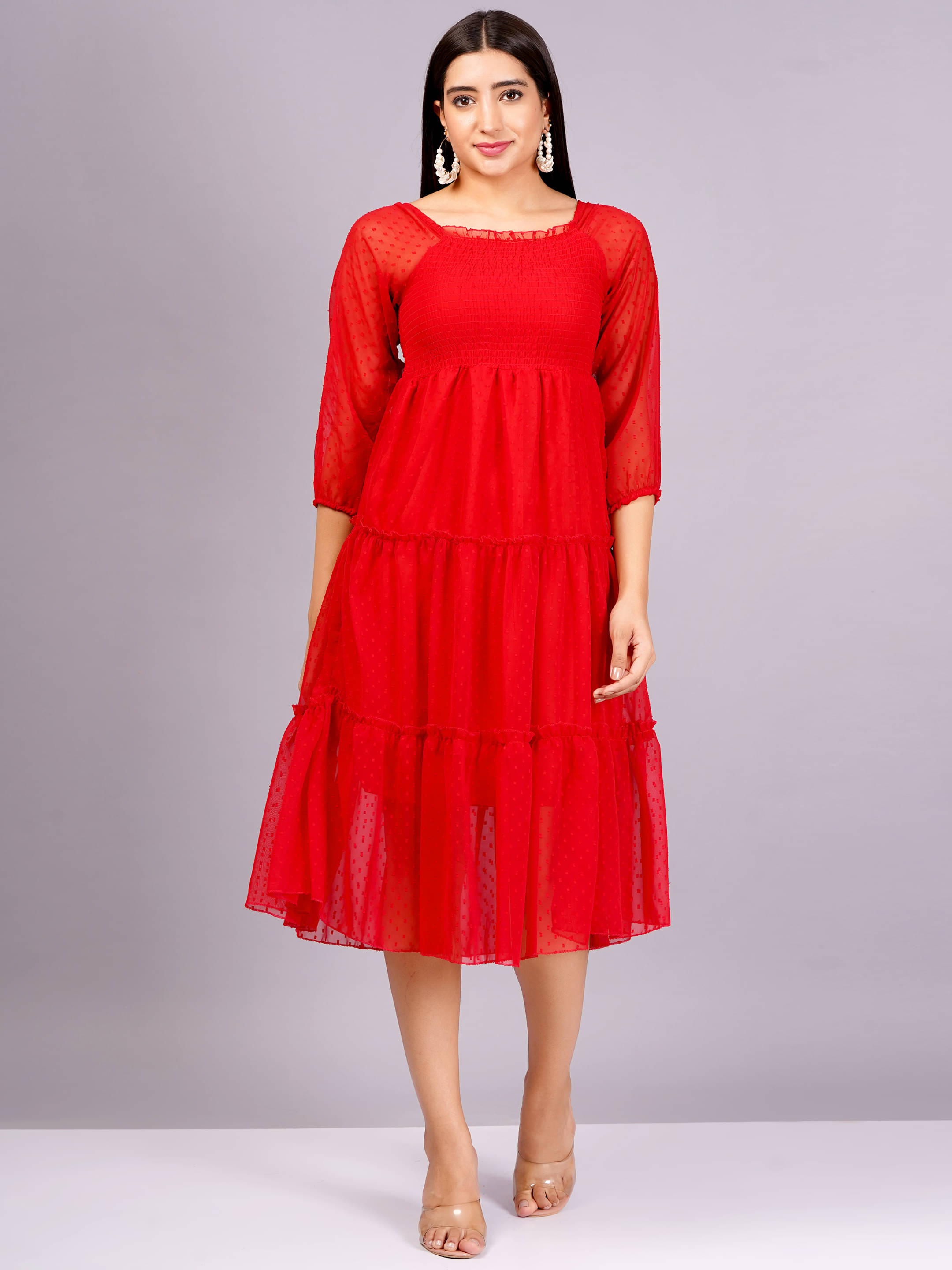 Jyoti Women Georgette Self Design Fit & Flare Dress ( Red ) Jyoti Women Georgette Self Design Fit & Flare Dress ( Red )