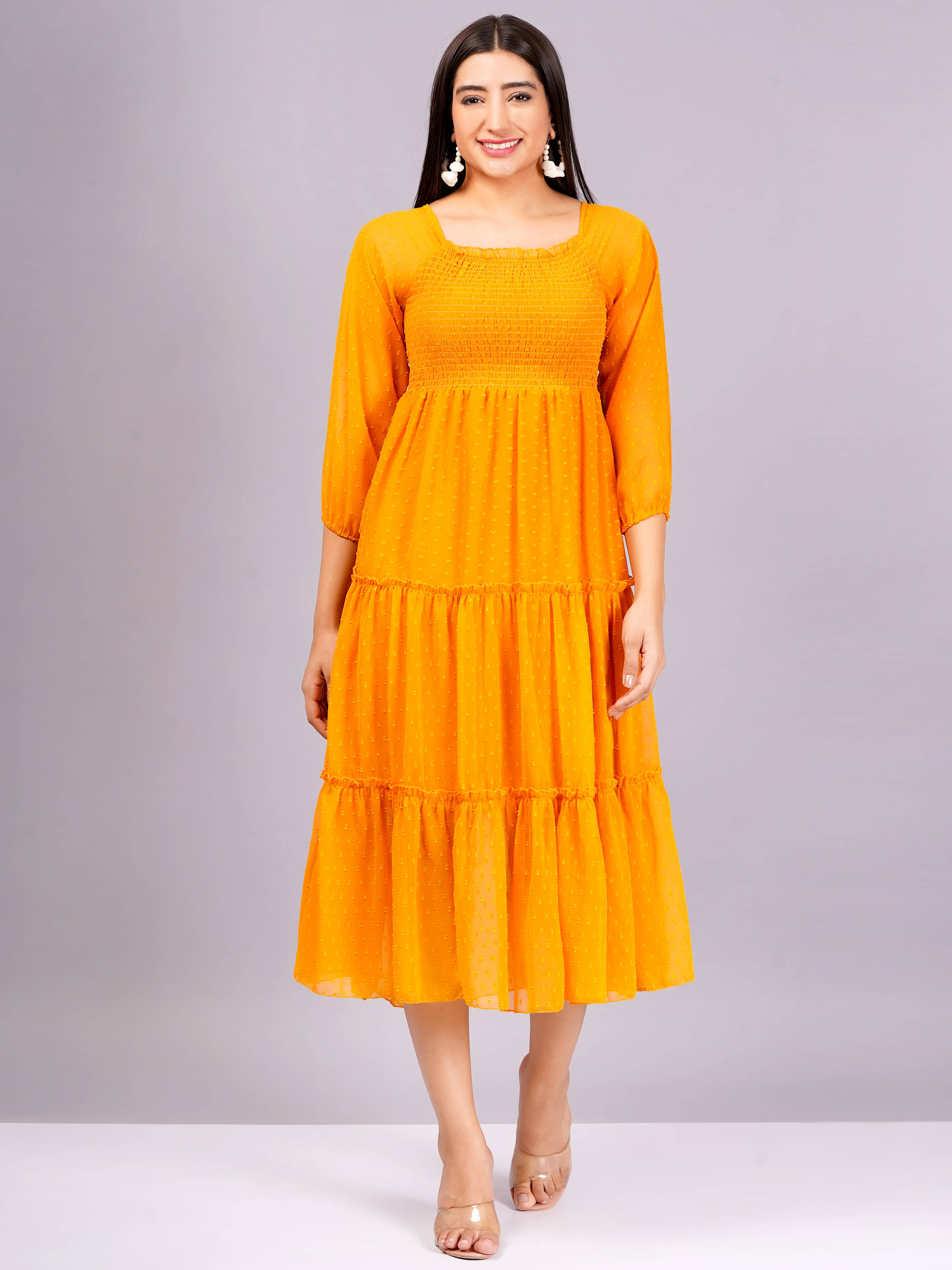 Jyoti Women Georgette Self Design Fit & Flare Dress ( Orange ) Jyoti Women Georgette Self Design Fit & Flare Dress ( Orange )
