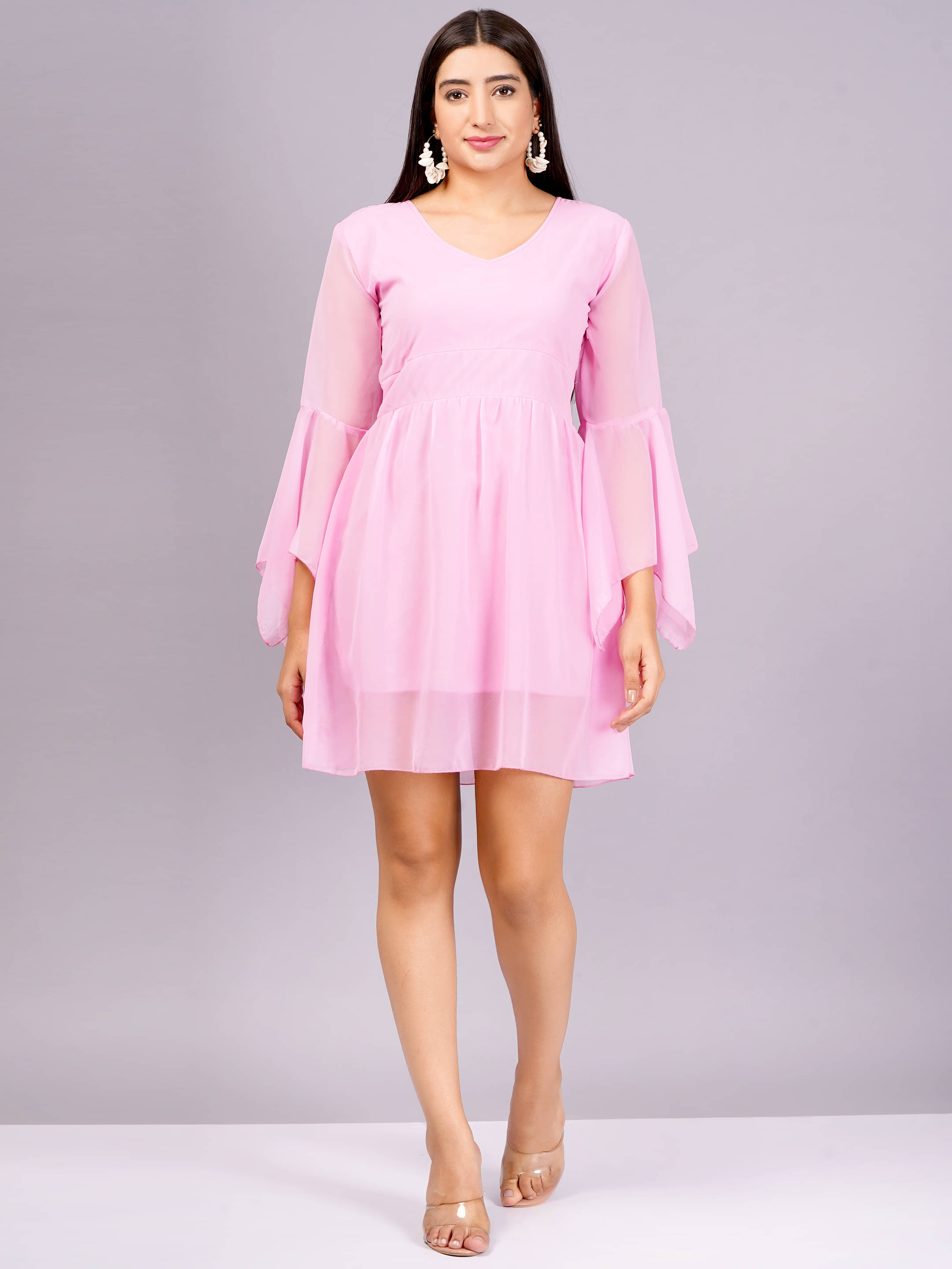     			Jyoti Women Georgette Solid Fit & Flare Dress ( Pink )
